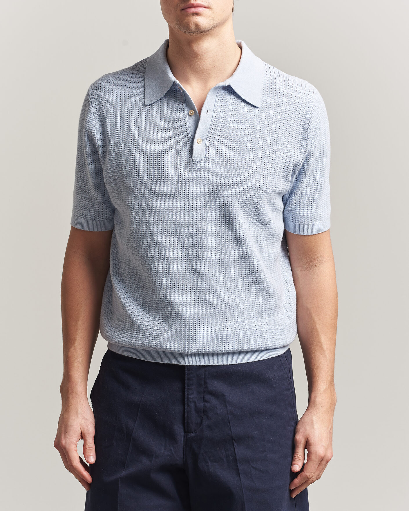 Homme | Polos | Stenströms | Knitted Textured Cotton/Hemp Polo Light Blue