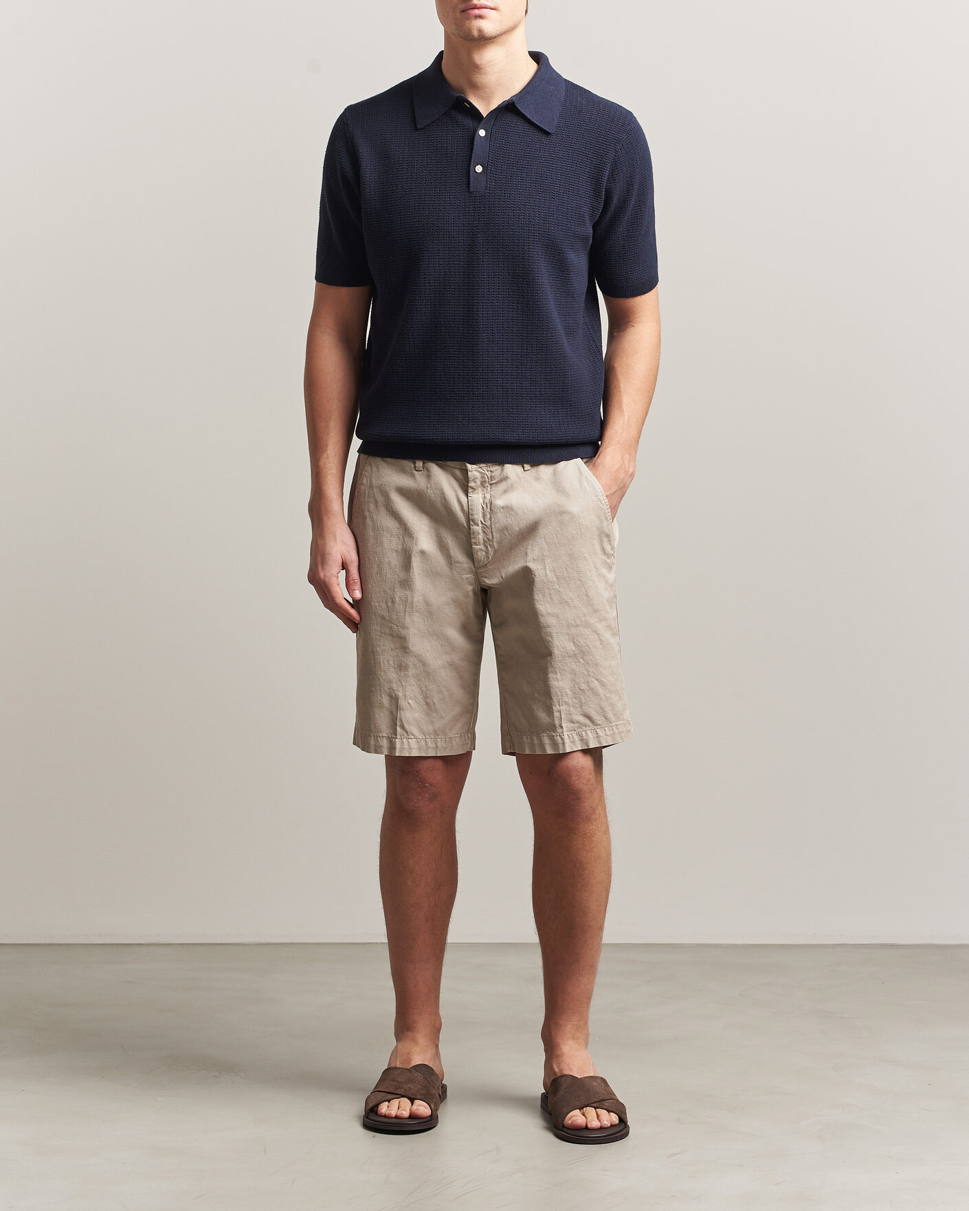 Homme | Polos | Stenströms | Knitted Textured Cotton/Hemp Polo Navy