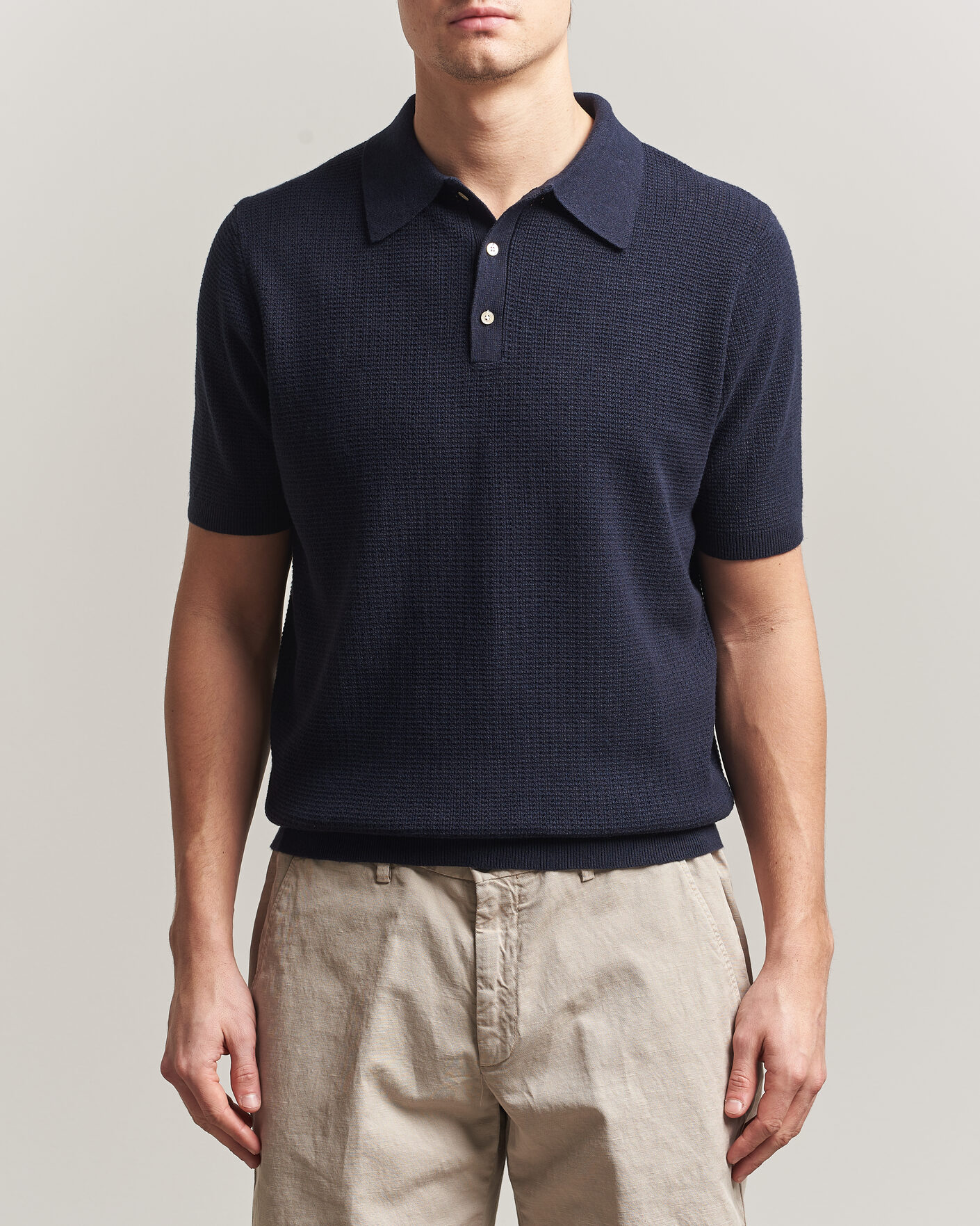 Homme | Polos | Stenströms | Knitted Textured Cotton/Hemp Polo Navy