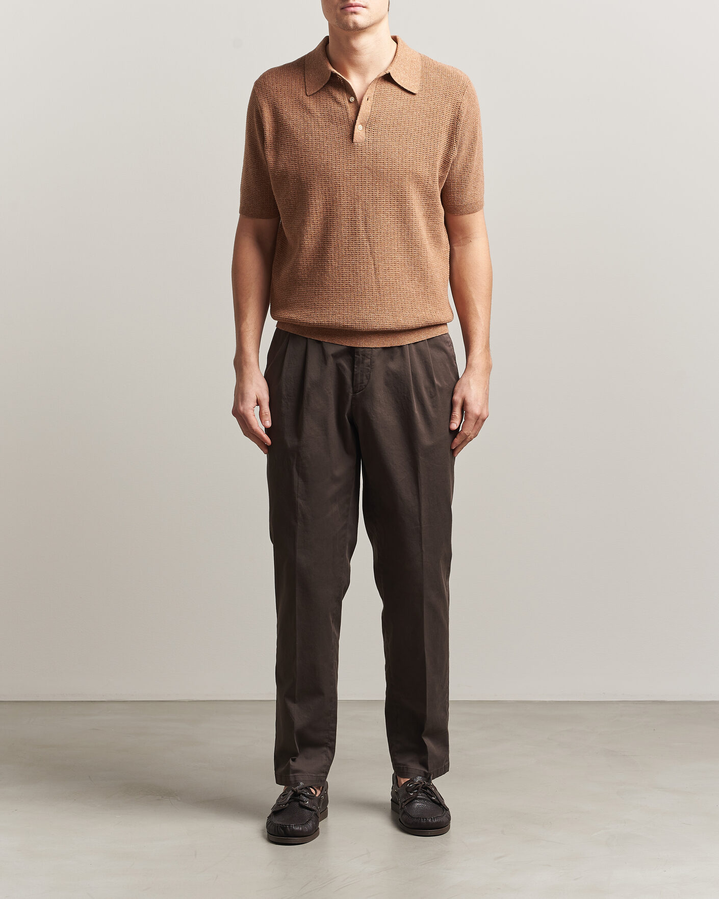 Homme | Polos | Stenströms | Knitted Textured Cotton/Hemp Polo Light Brown