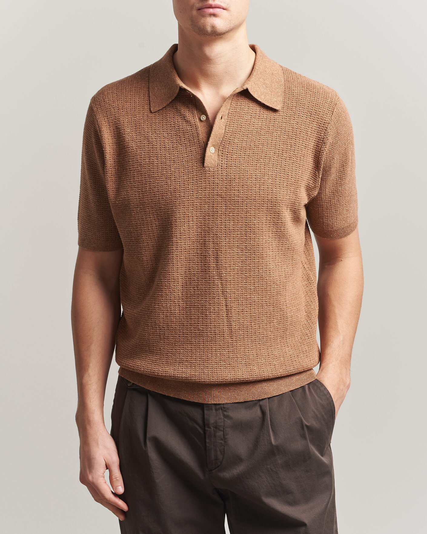 Homme | Polos | Stenströms | Knitted Textured Cotton/Hemp Polo Light Brown