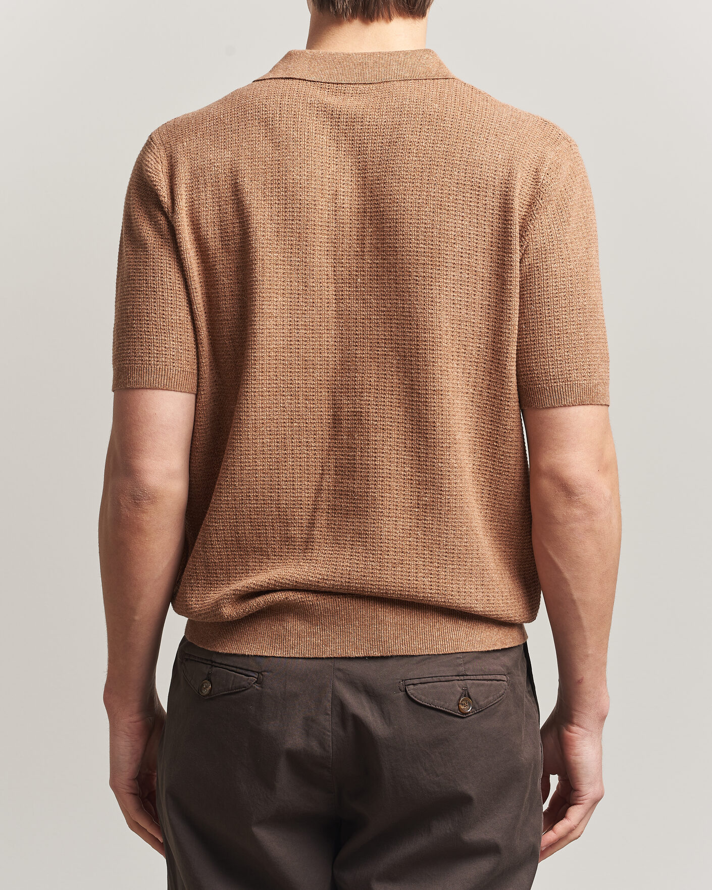 Homme | Polos | Stenströms | Knitted Textured Cotton/Hemp Polo Light Brown