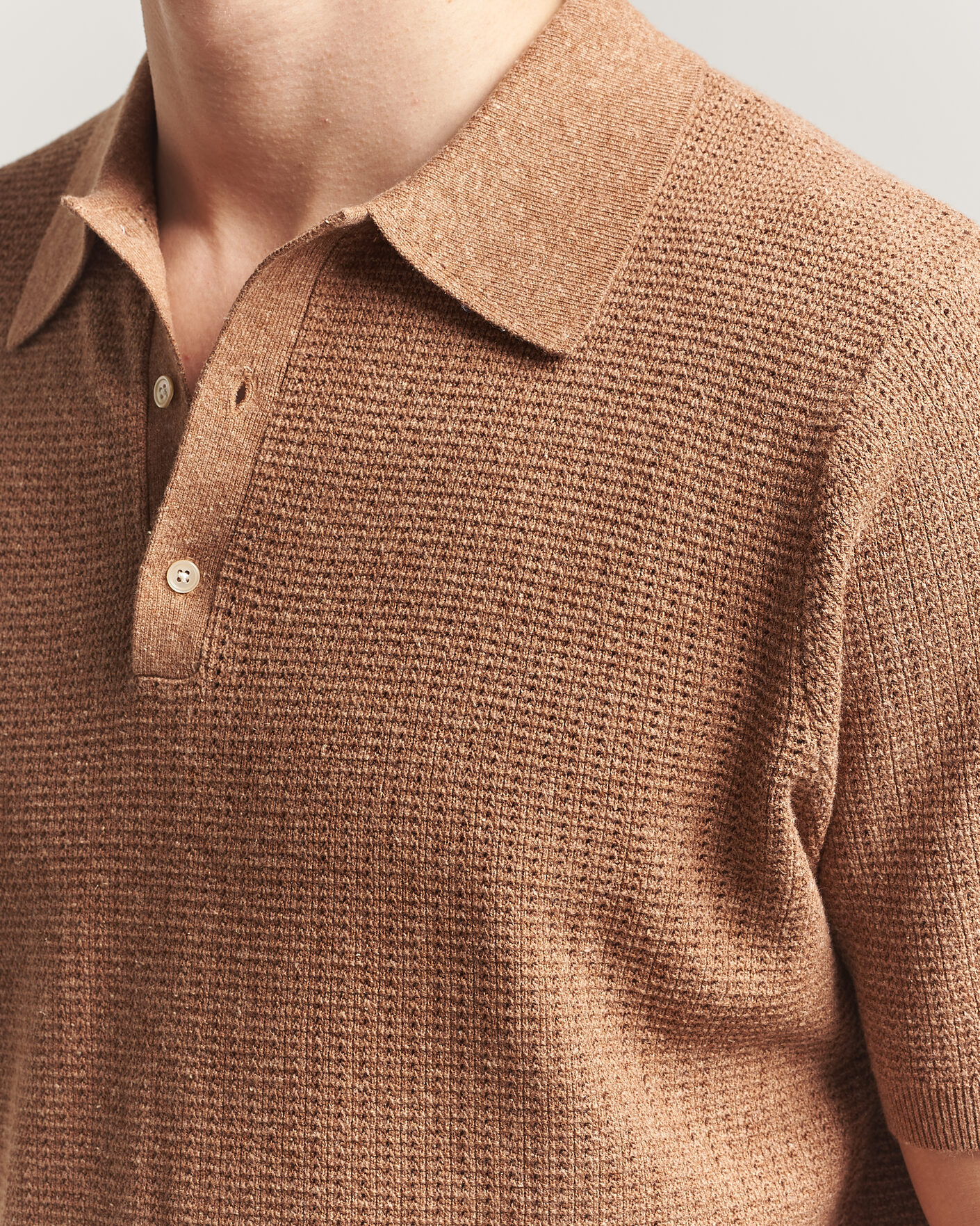 Homme | Polos | Stenströms | Knitted Textured Cotton/Hemp Polo Light Brown