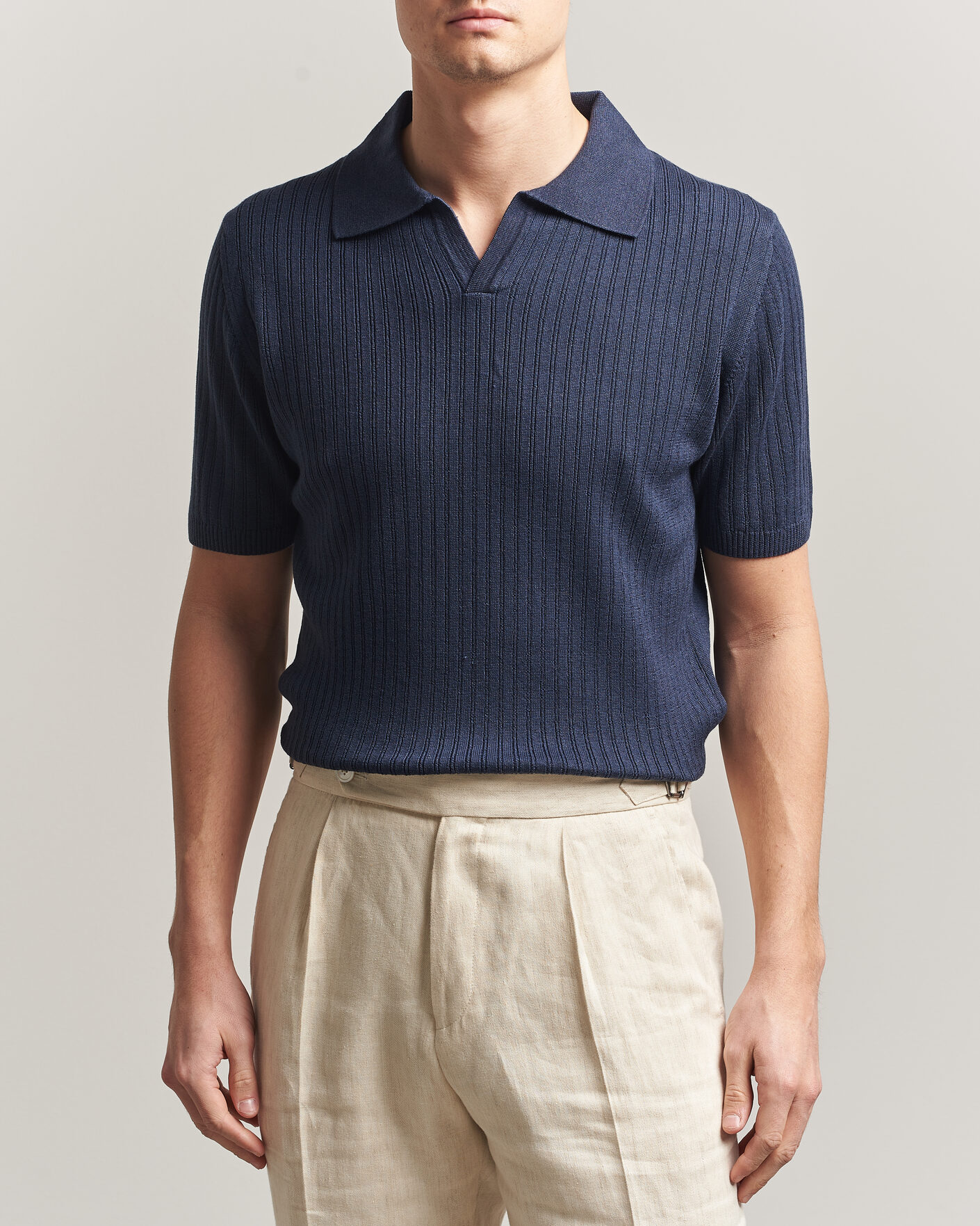 Homme | Polos | Stenströms | Linen/Merino Structured Polo Navy