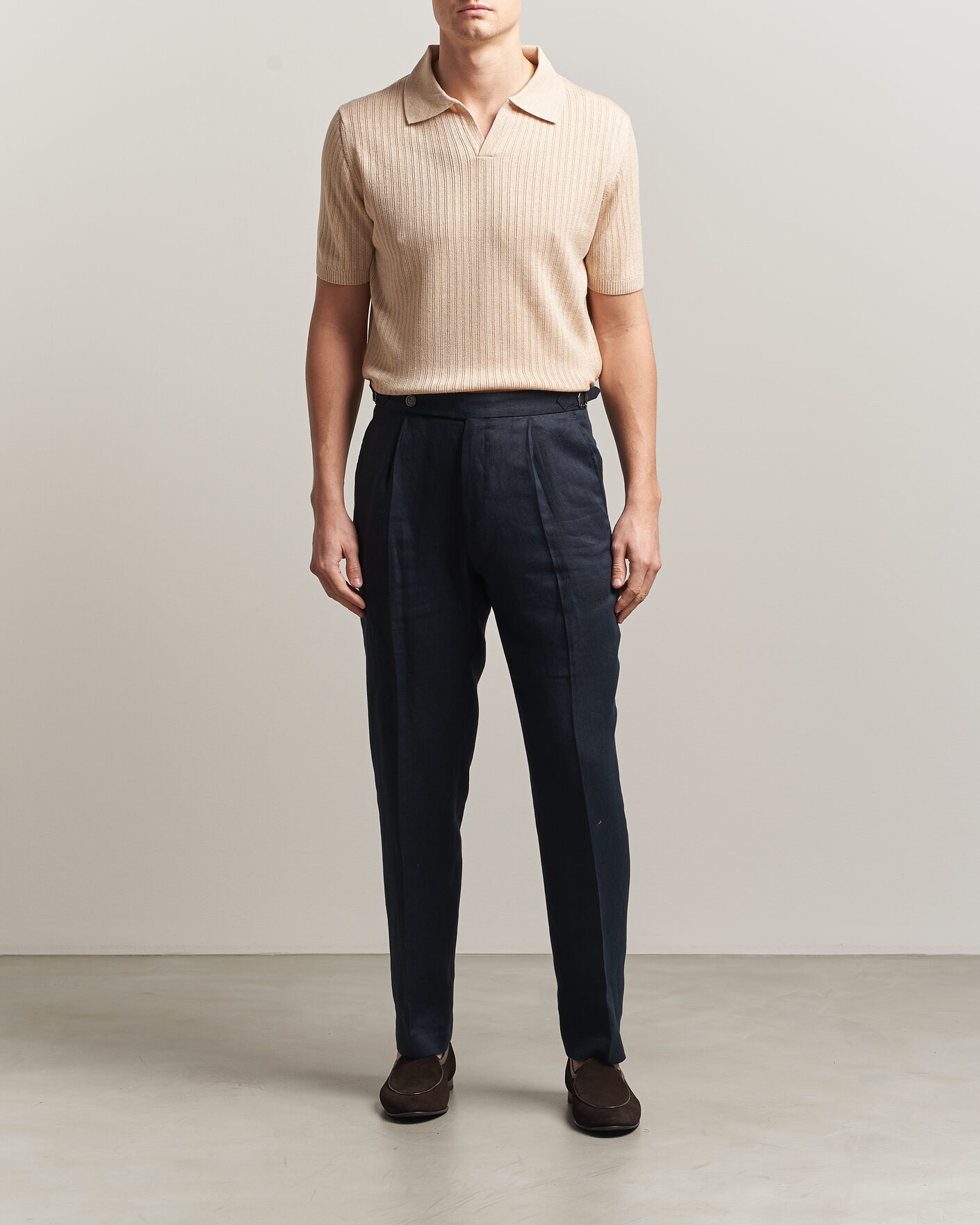 Homme | Polos | Stenströms | Linen/Merino Structured Polo Beige