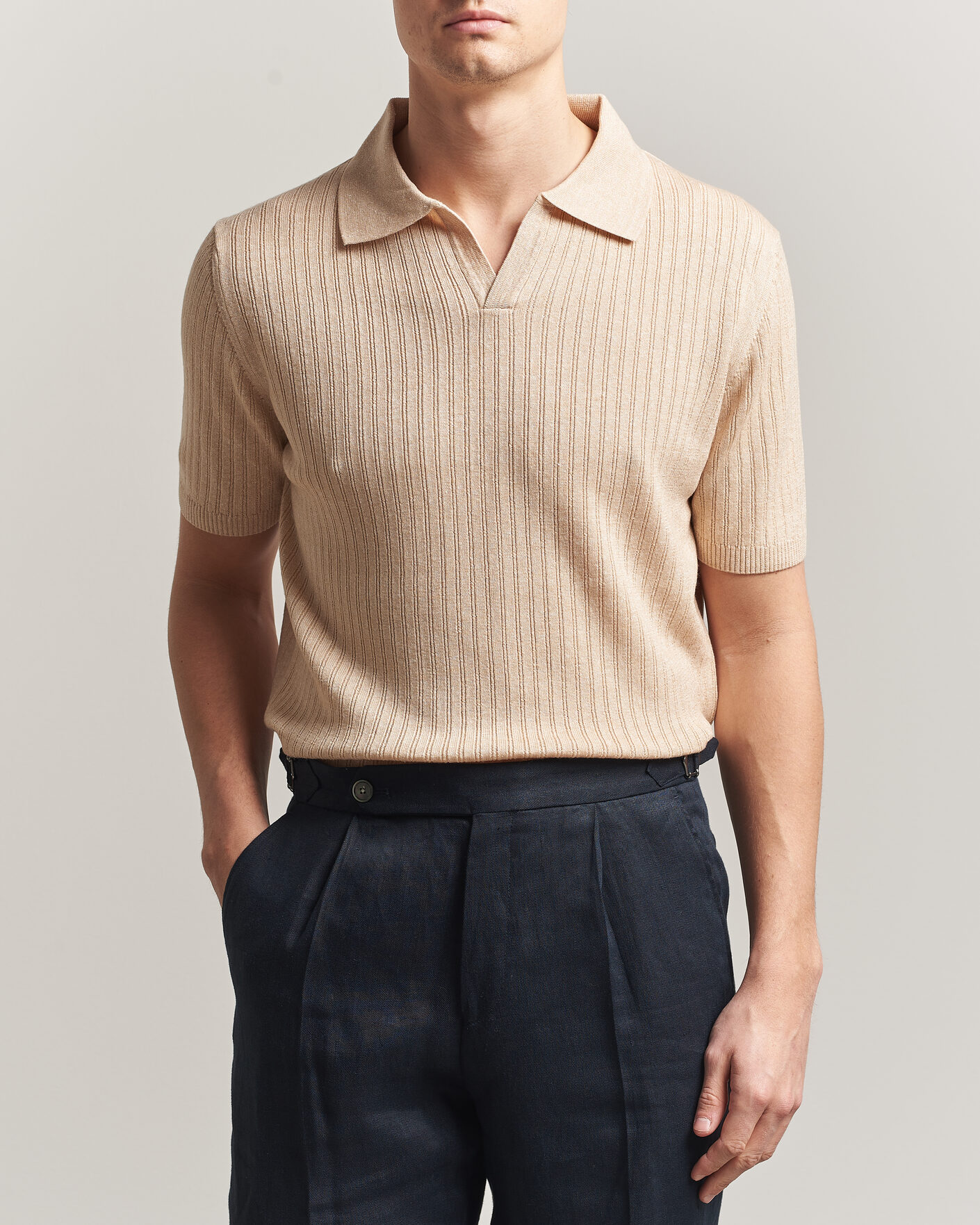 Homme | Polos | Stenströms | Linen/Merino Structured Polo Beige
