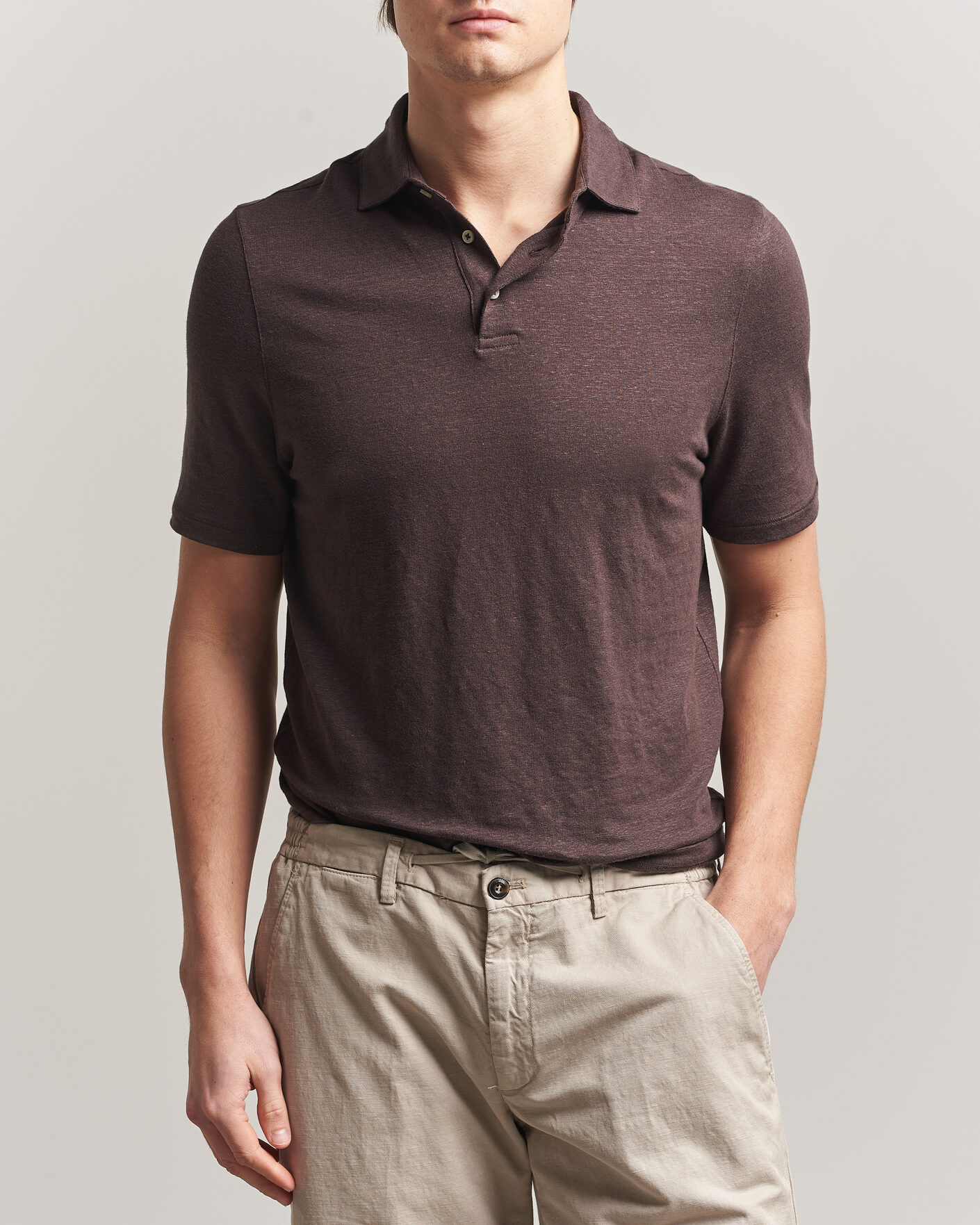Homme | Polos | Stenströms | Linen Polo Shirt Dark Brown