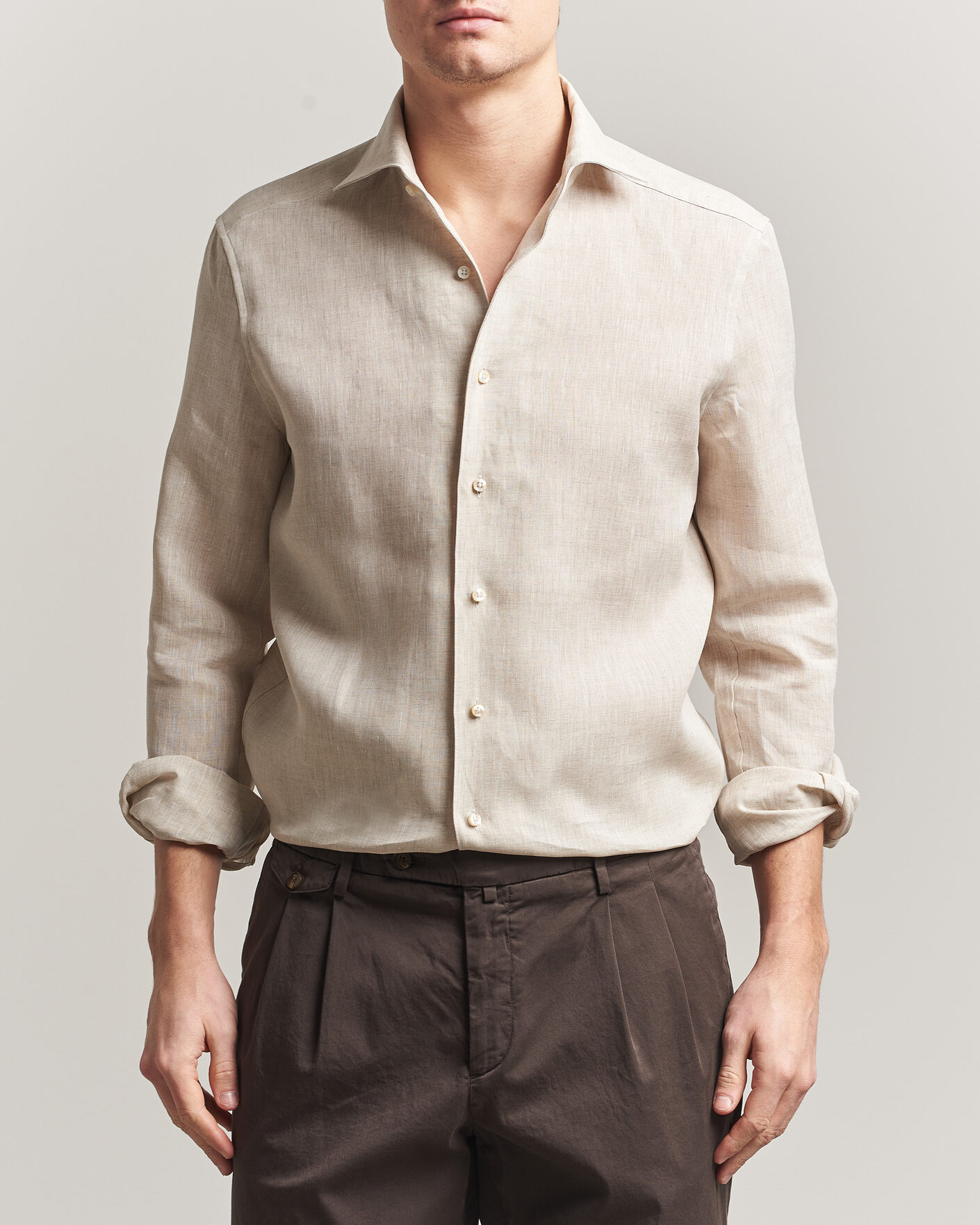 Homme | Chemises | Stenströms | 1899 Linen One Piece Collar Shirt Beige