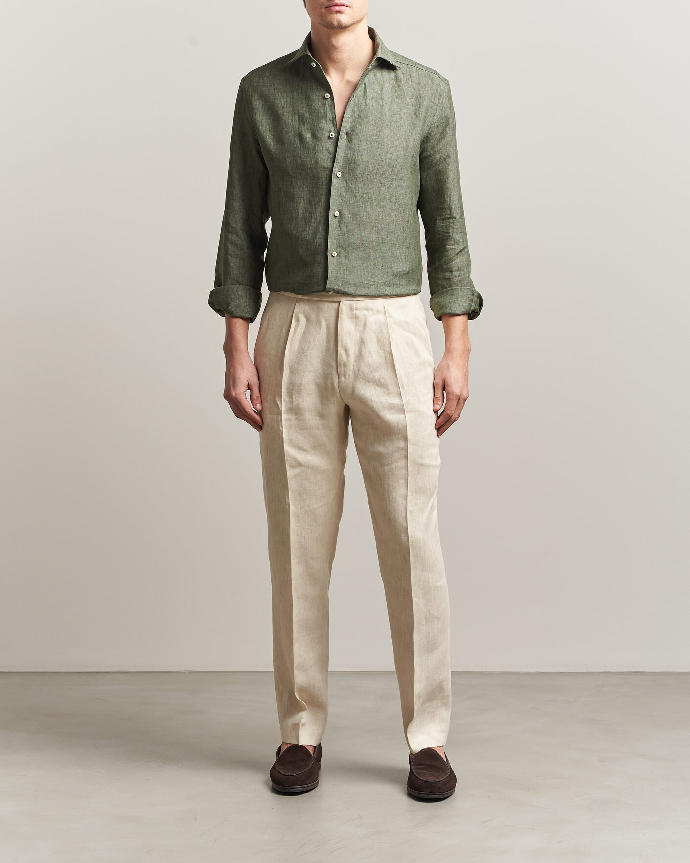 Homme | Chemises | Stenströms | 1899 Linen One Piece Collar Shirt Olive