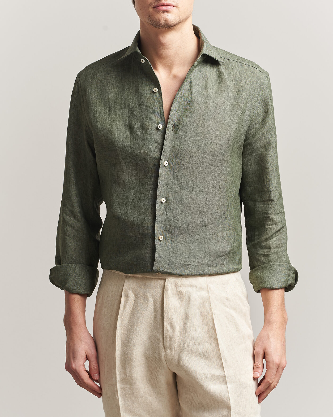 Homme | Chemises | Stenströms | 1899 Linen One Piece Collar Shirt Olive