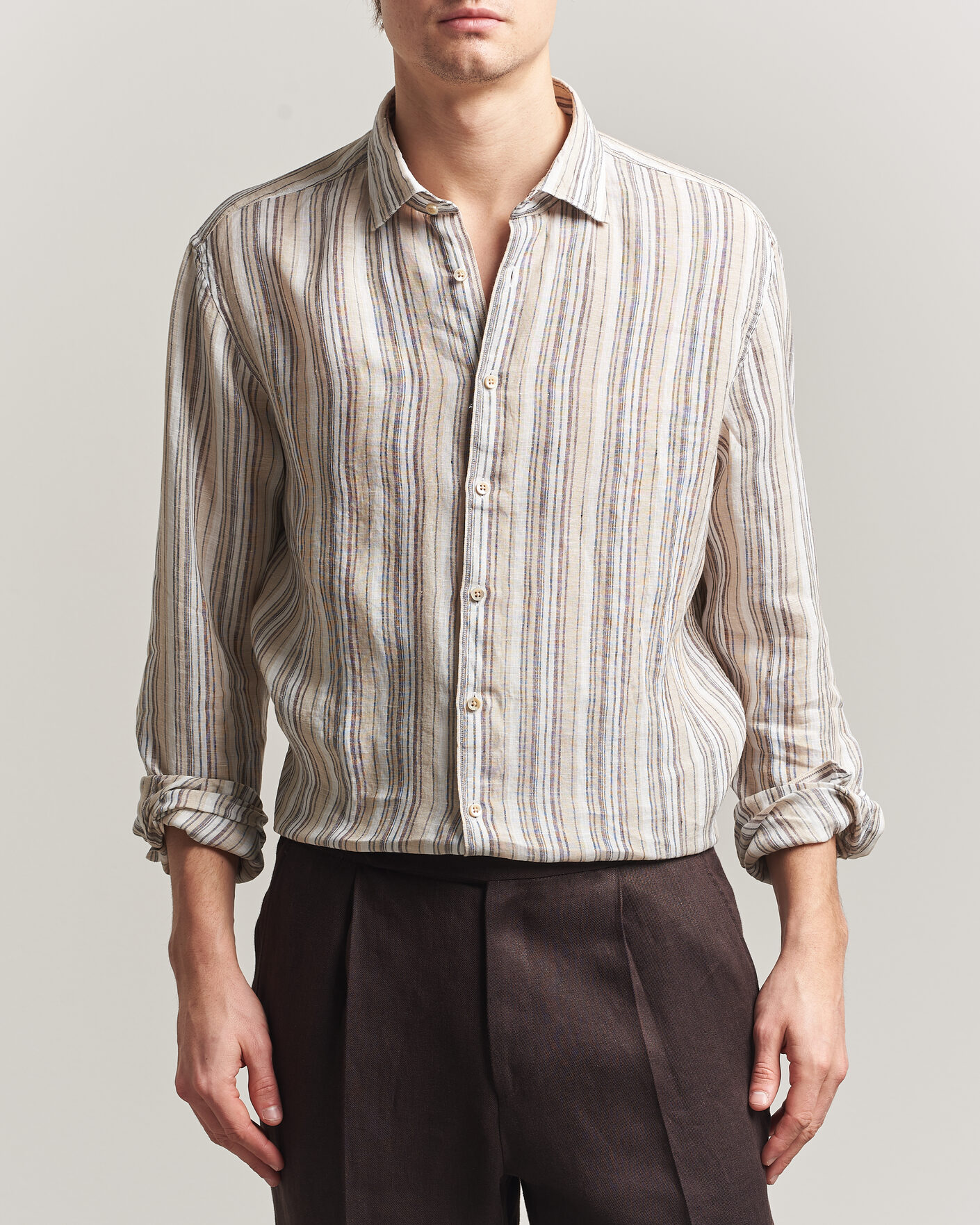 Homme | Chemises | Stenströms | Regular Fit Multi Striped Linen Shirt Brown