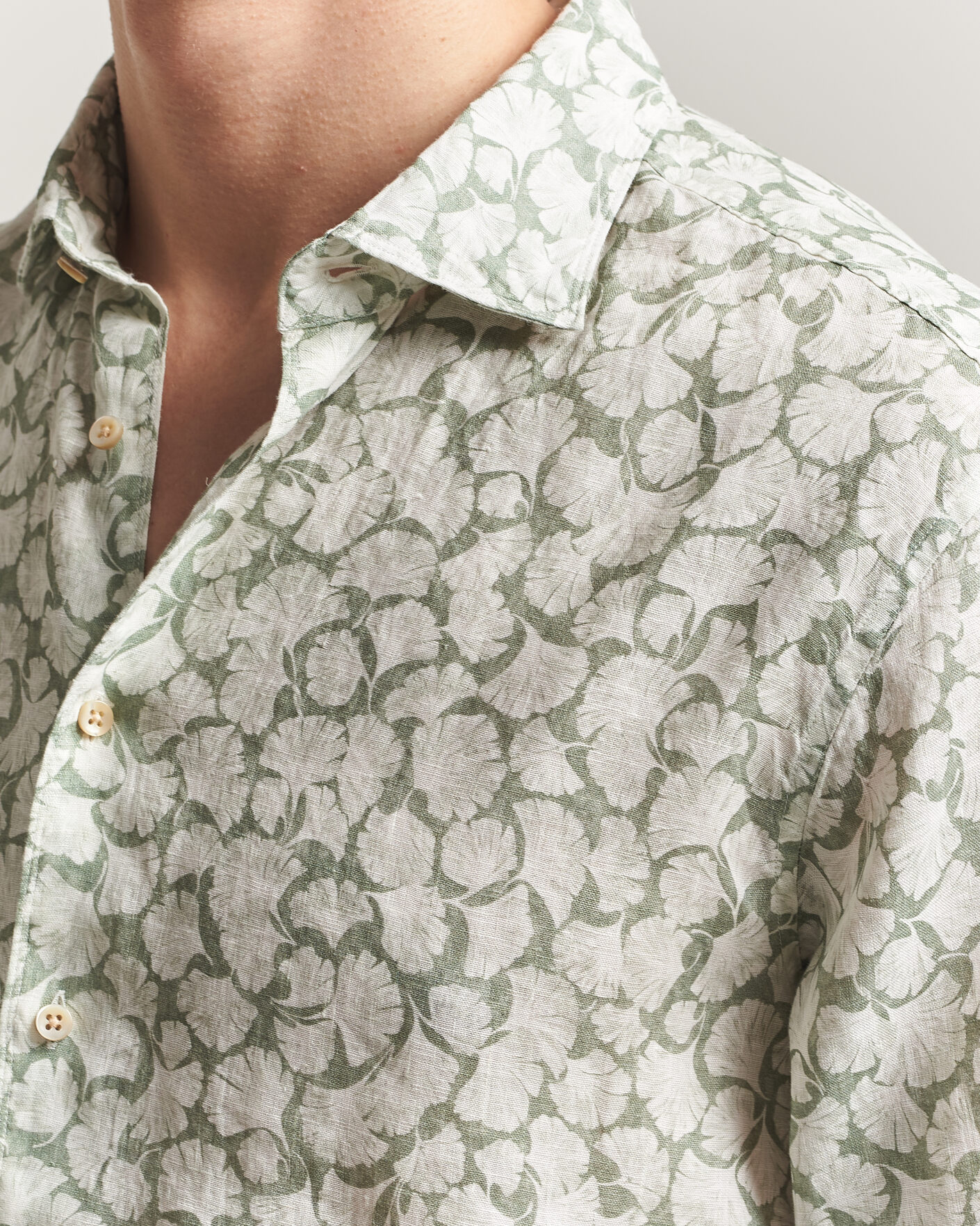 Homme | Chemises | Stenströms | Regular Fit Flower Printed Linen Shirt Green