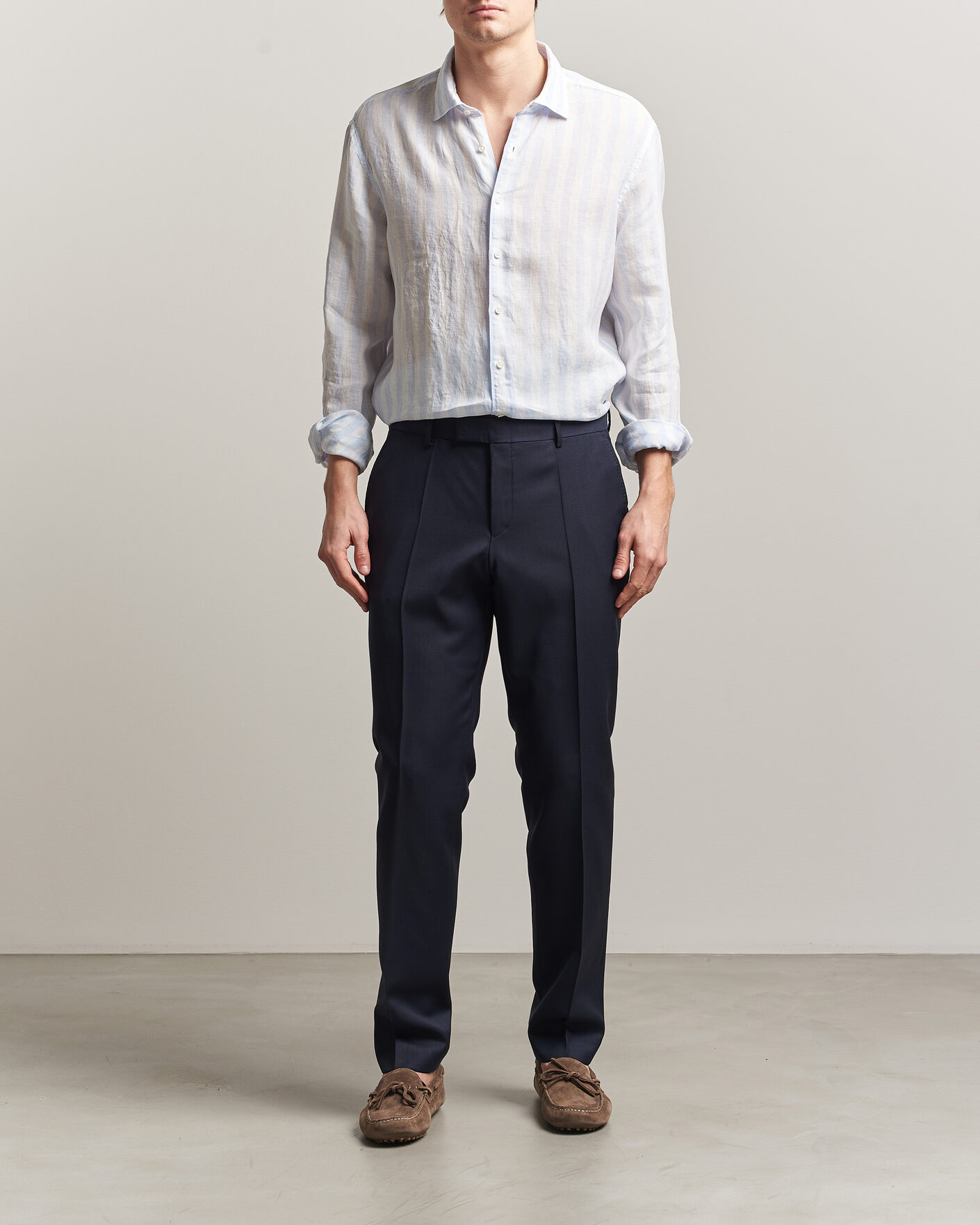 Homme | Chemises | Stenströms | Regular Fit Wide Stripe Linen Shirt Light Blue