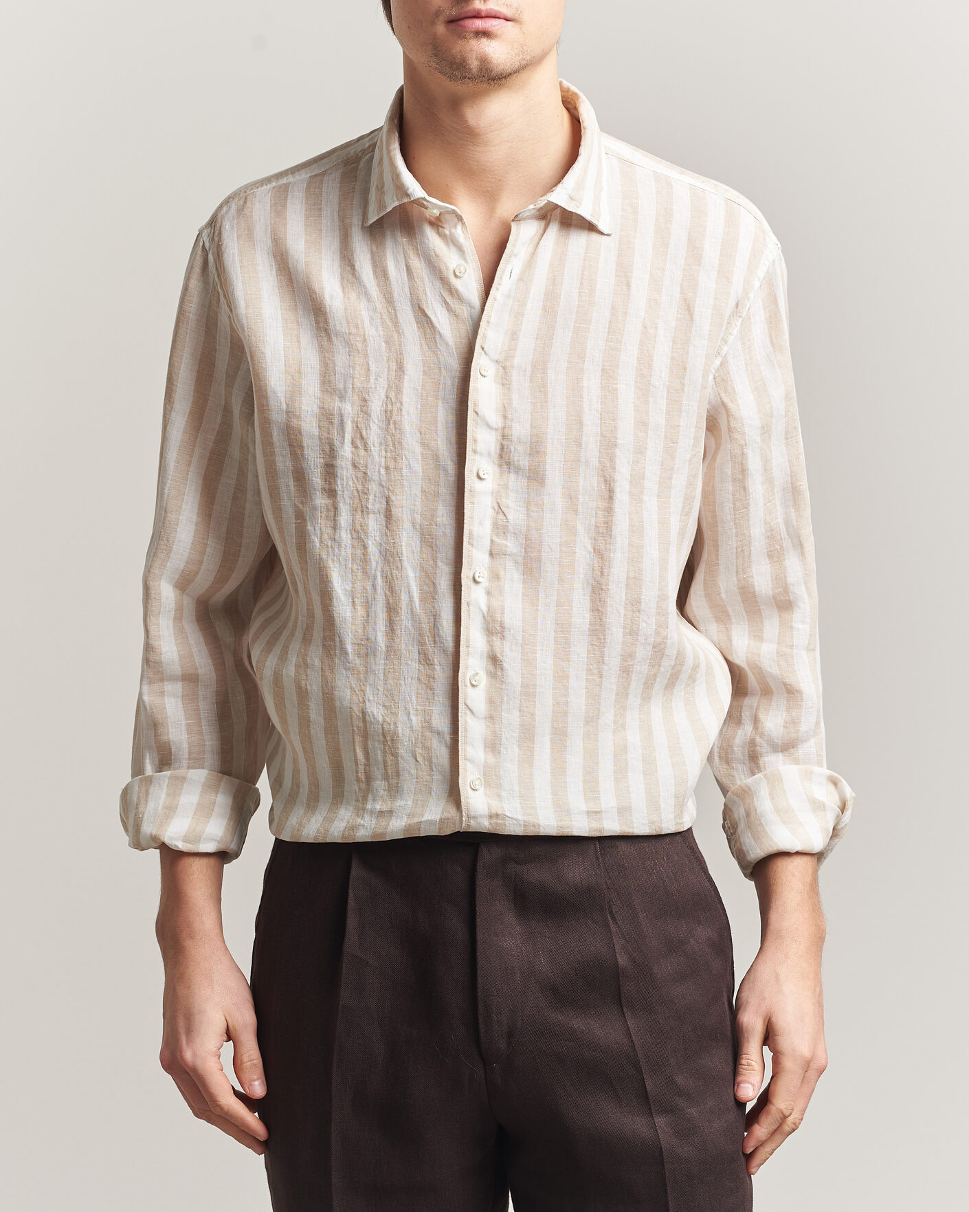 Homme | Chemises | Stenströms | Regular Fit Wide Stripe Linen Shirt Beige