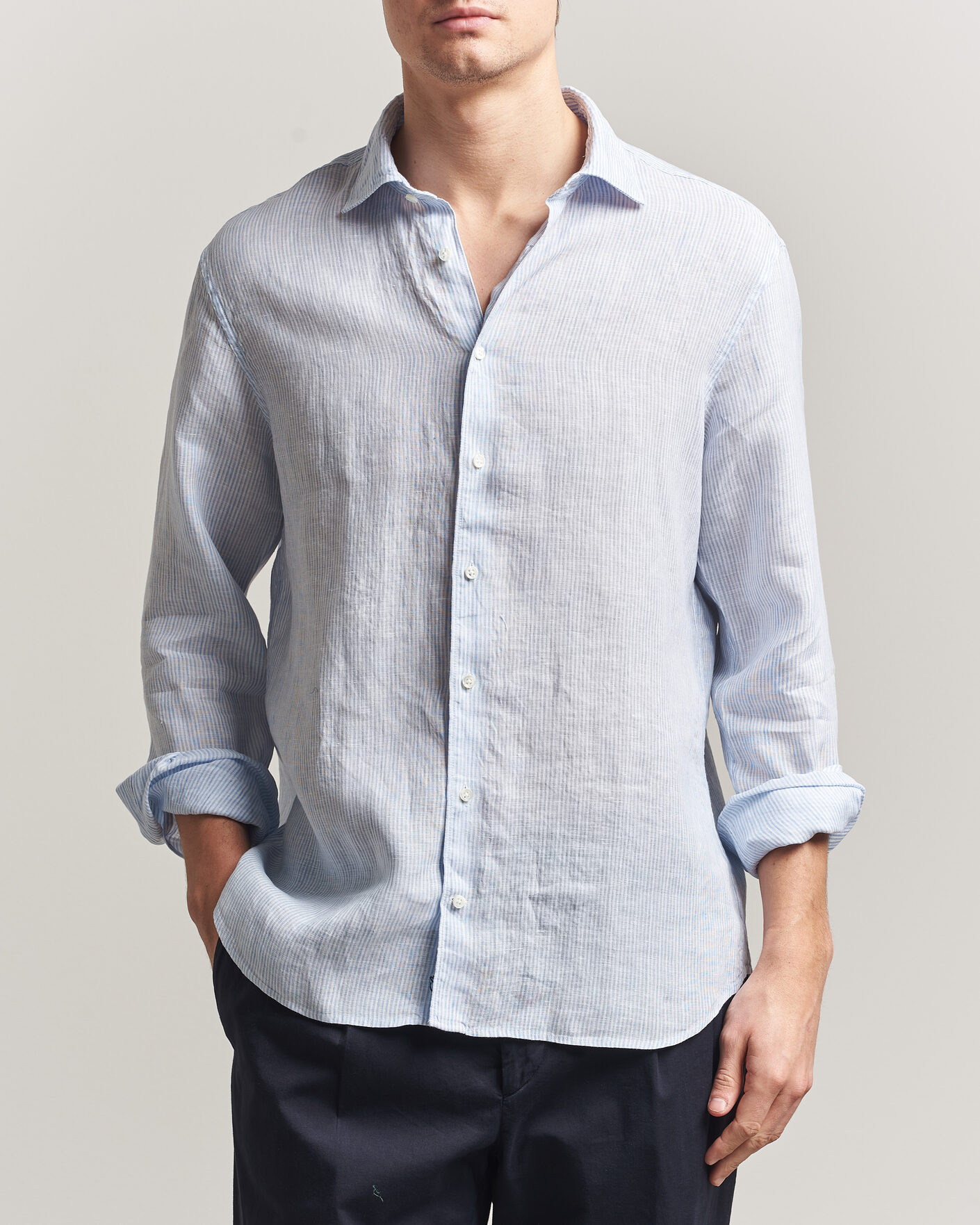 Homme | Chemises | Stenströms | Regular Fit Thin Striped Linen Shirt Light Blue