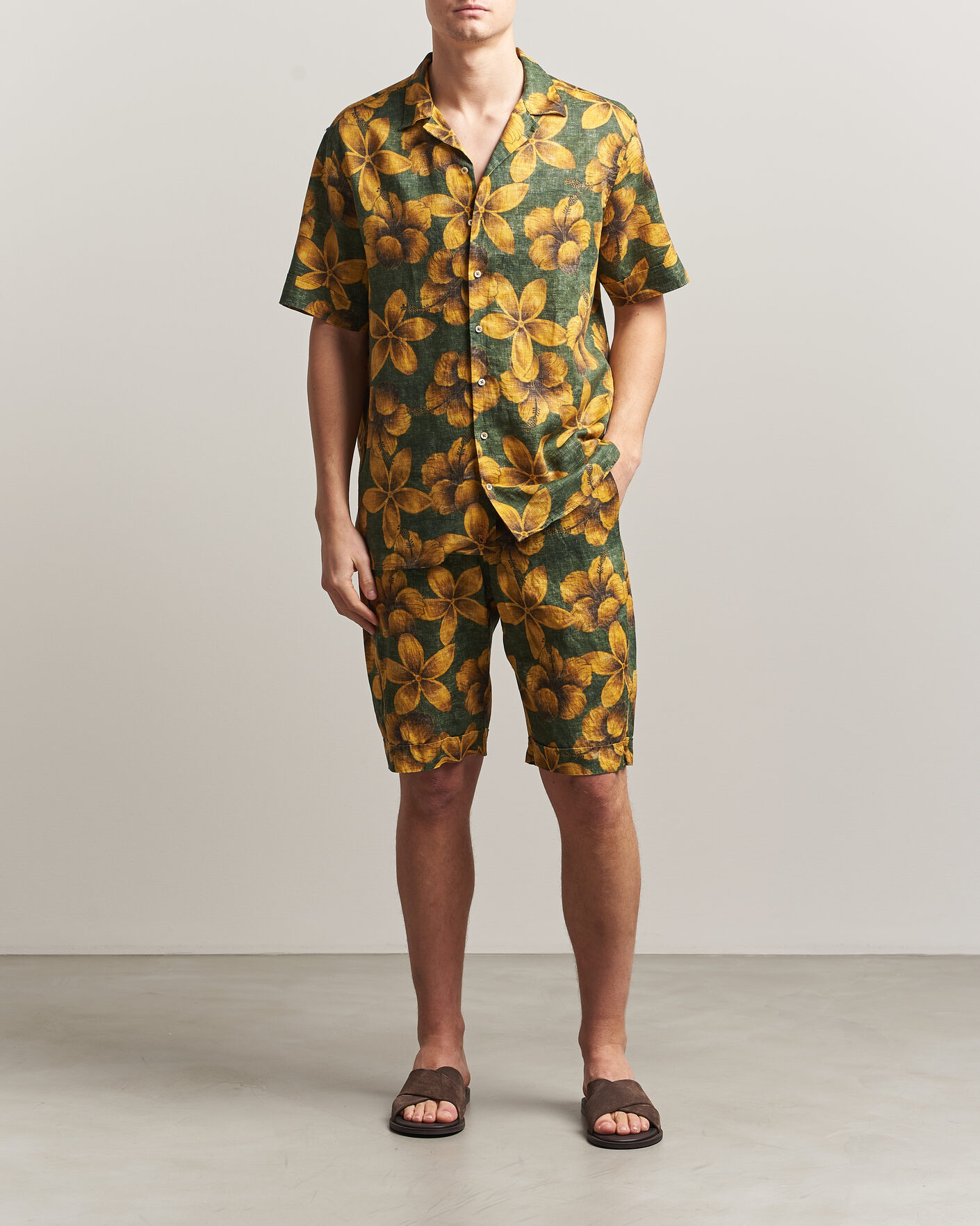 Homme | Chemises | Stenströms | Flower Printed Short Sleeve Linen Shirt Green