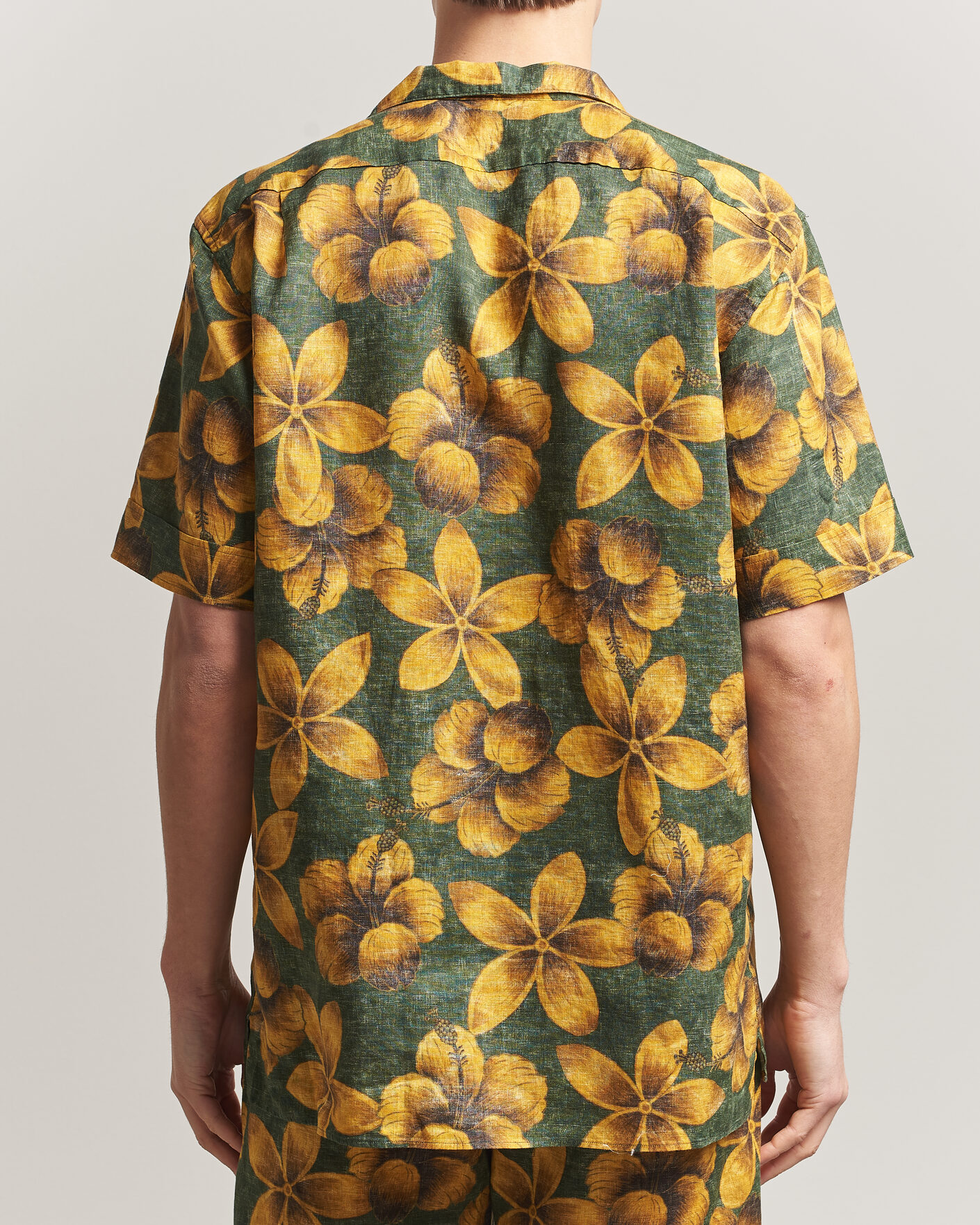 Homme | Chemises | Stenströms | Flower Printed Short Sleeve Linen Shirt Green