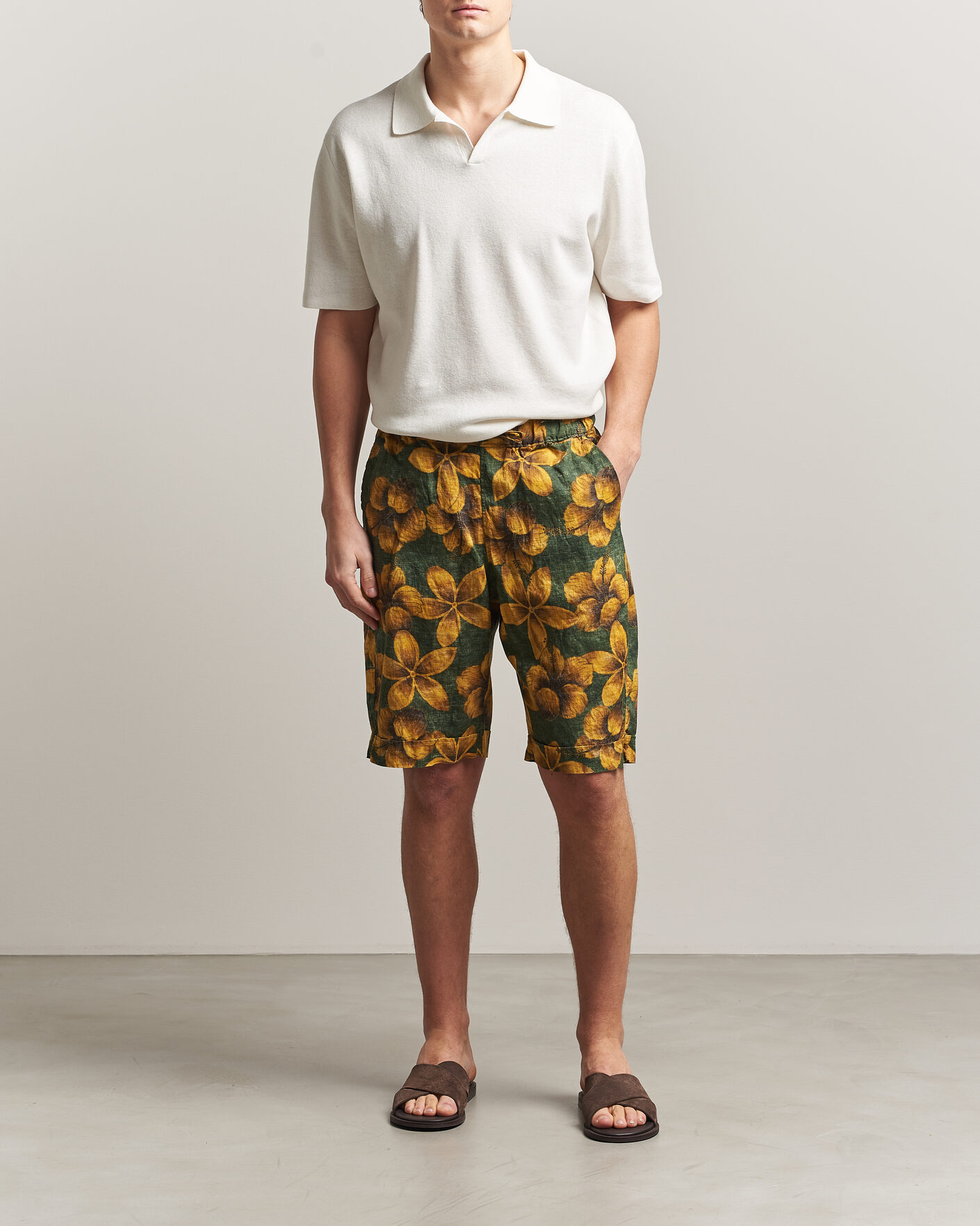Homme | Shorts | Stenströms | Flower Printed Linen Shorts Green
