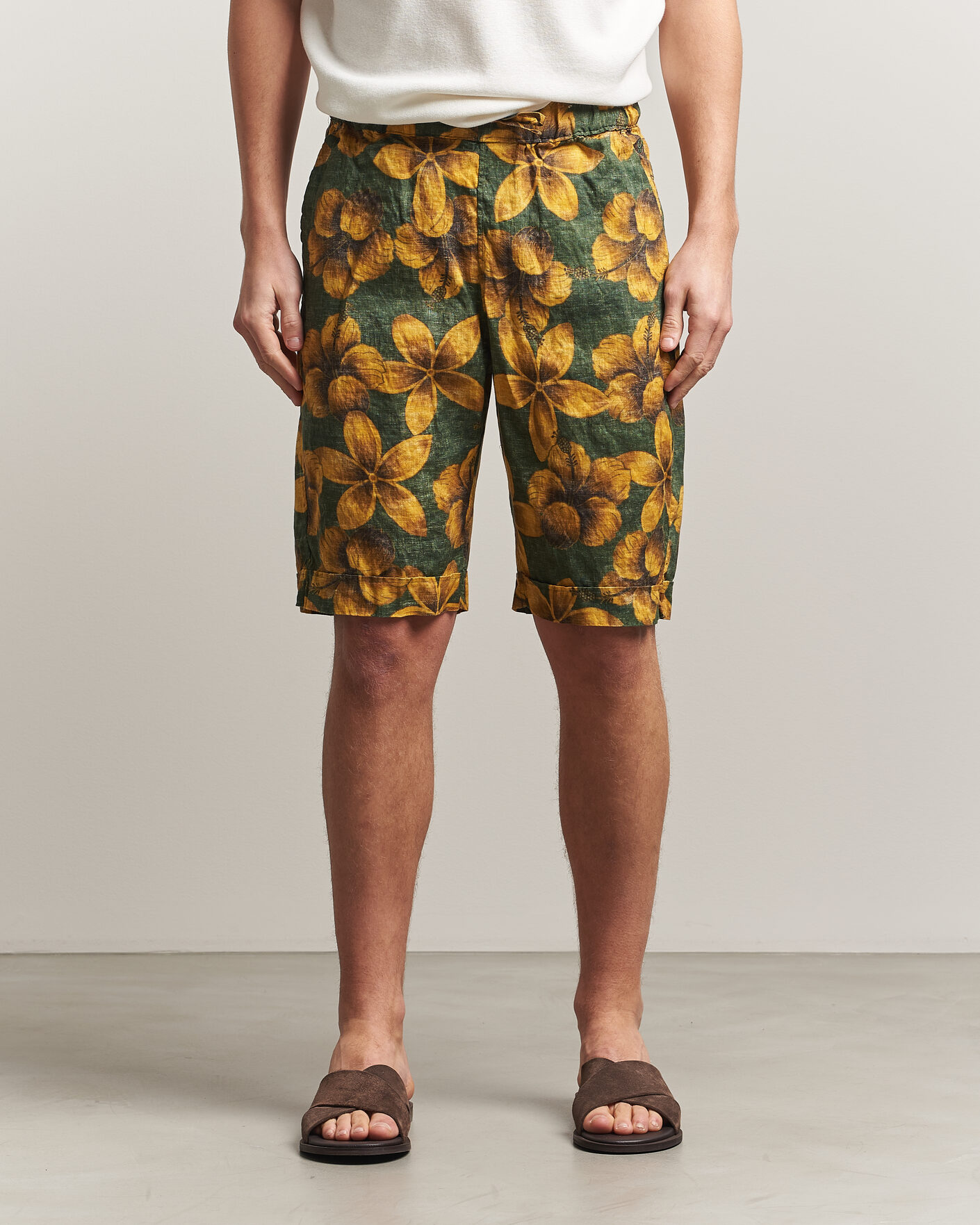 Homme | Shorts | Stenströms | Flower Printed Linen Shorts Green