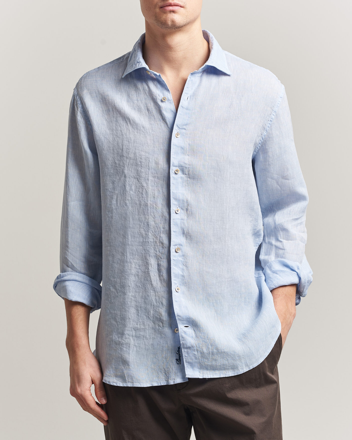 Homme | Chemises | Stenströms | Regular Fit Cut Away Linen Shirt Light Blue
