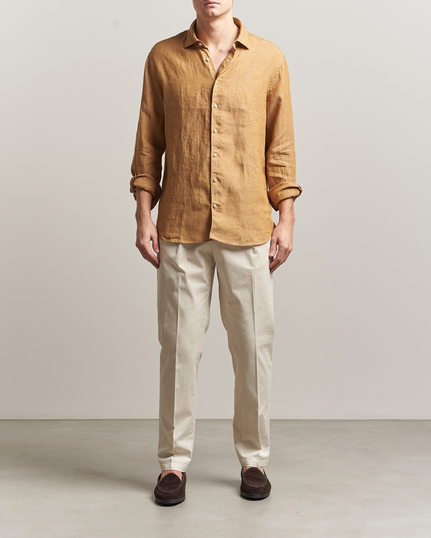 Homme | Chemises | Stenströms | Regular Fit Cut Away Linen Shirt Light Brown