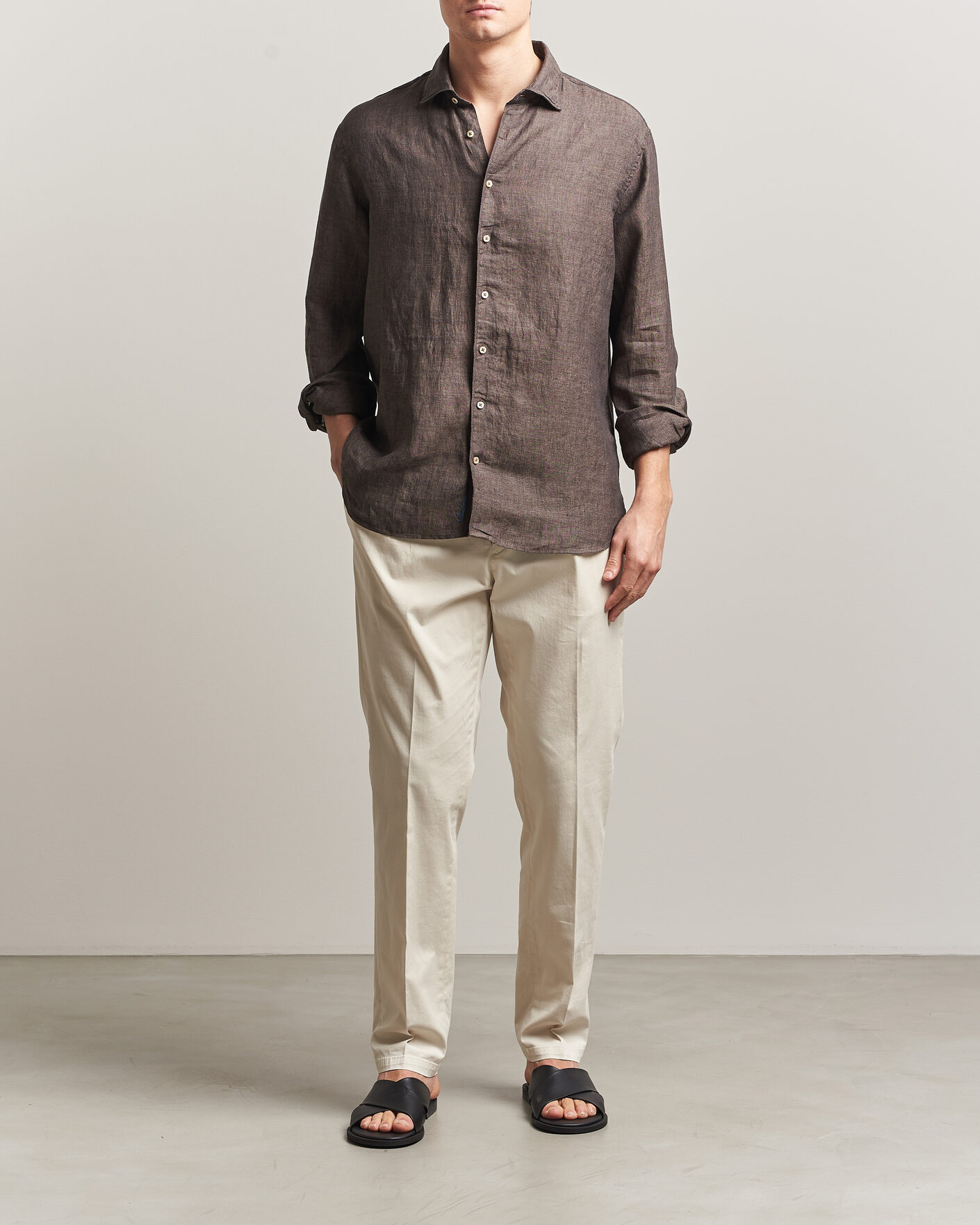Homme | Chemises | Stenströms | Regular Fit Cut Away Linen Shirt Brown