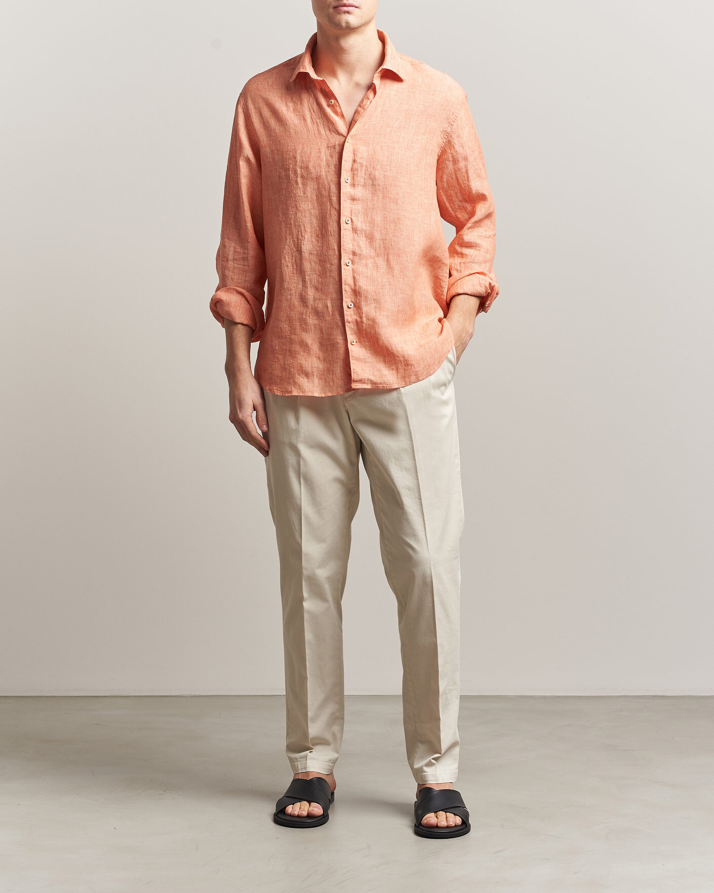 Homme | Chemises | Stenströms | Regular Fit Cut Away Linen Shirt Orange