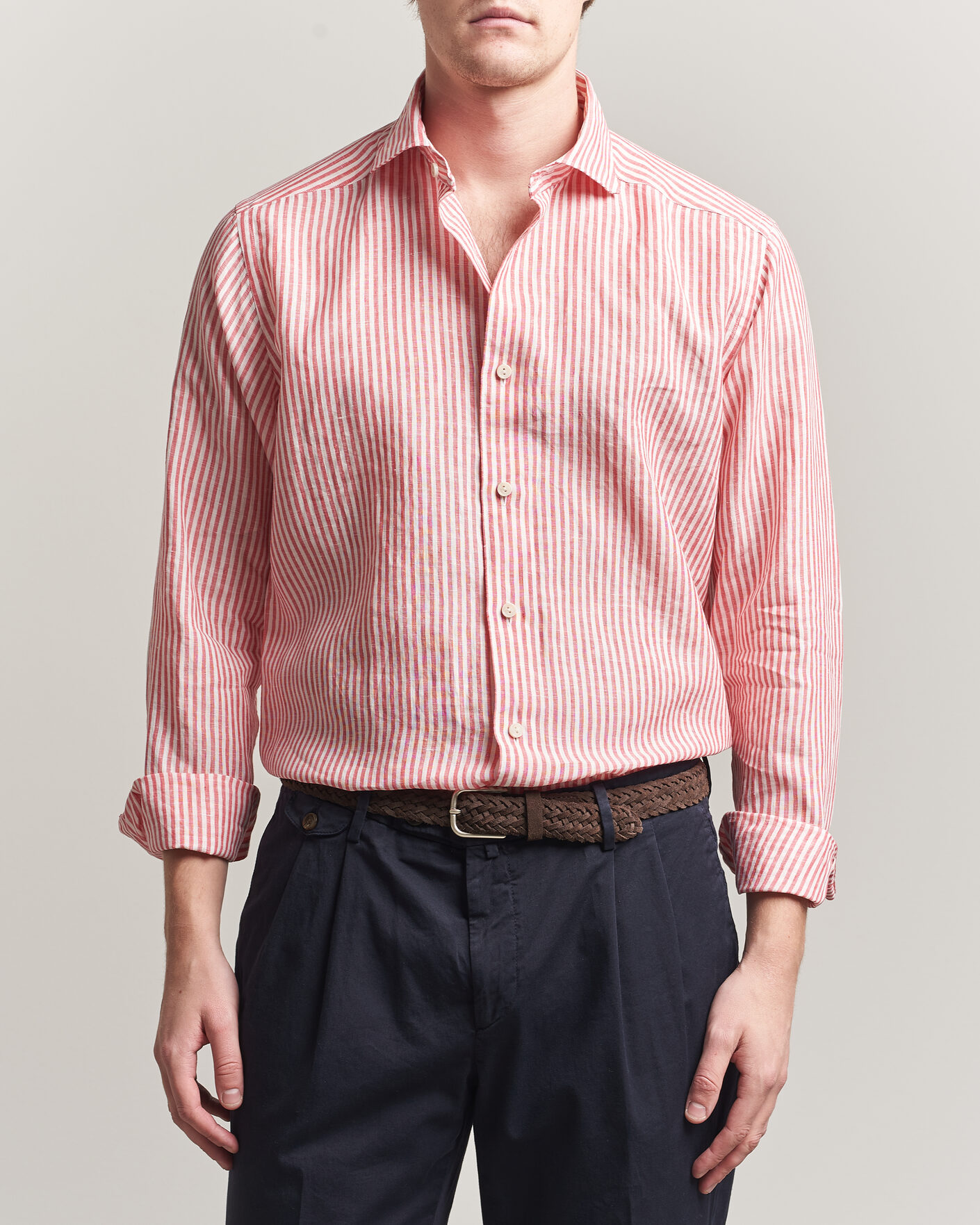 Homme | Chemises | Eton | Casual Fit Striped Linen Shirt Red