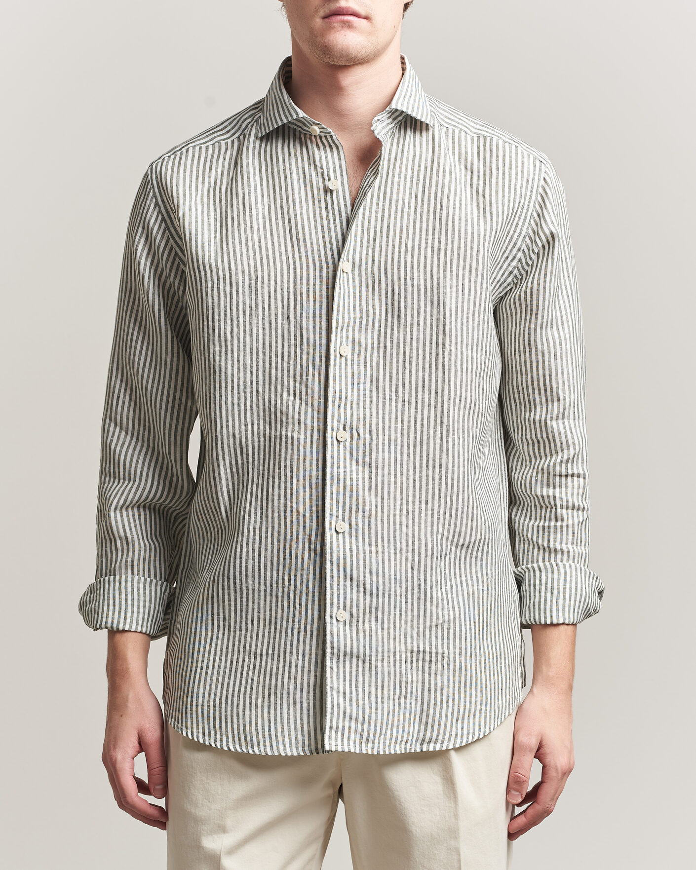 Homme | Chemises | Eton | Casual Fit Striped Linen Shirt Dark Green