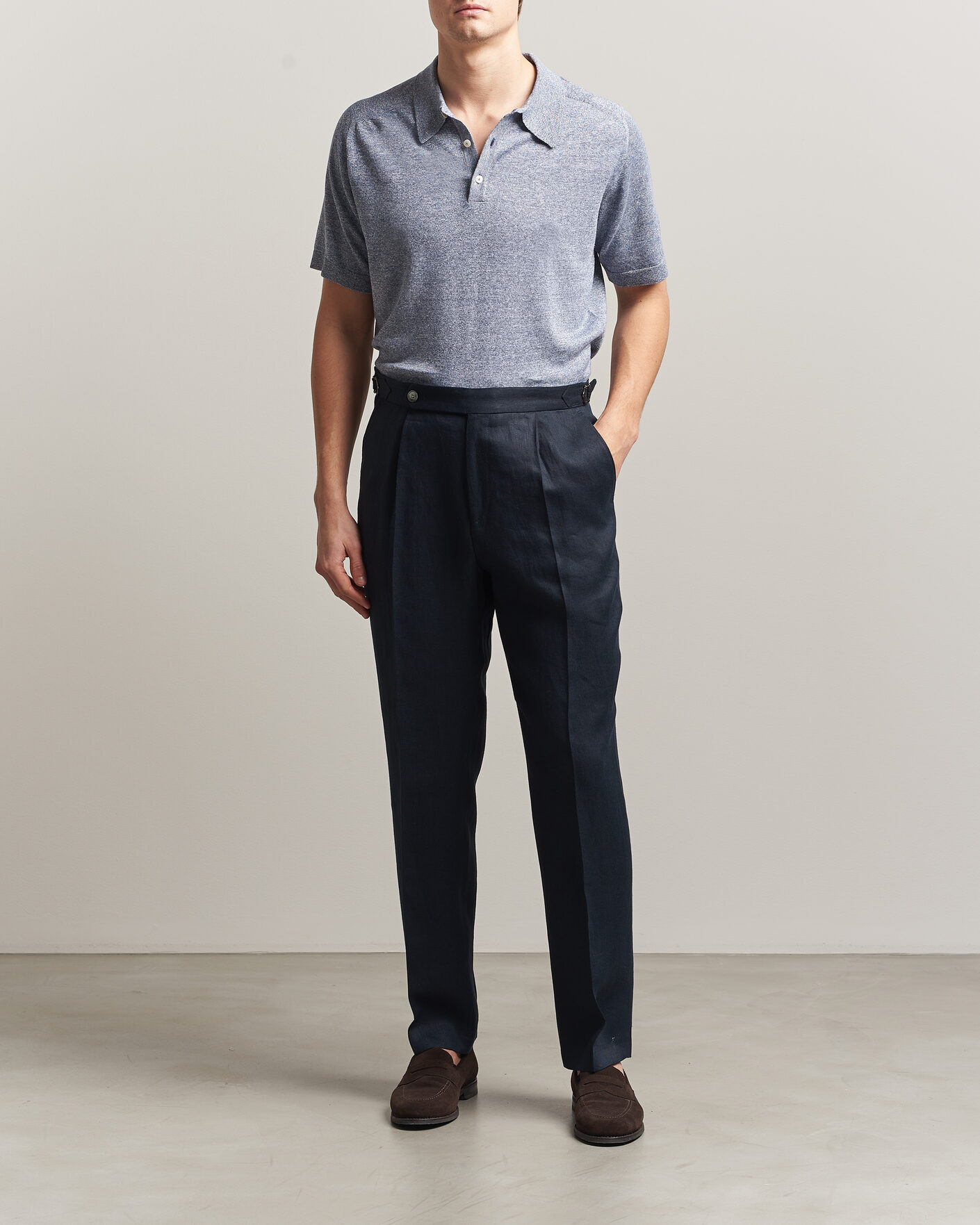 Homme | Polos | Eton | Cotton Linen Fine Knit Polo Blue
