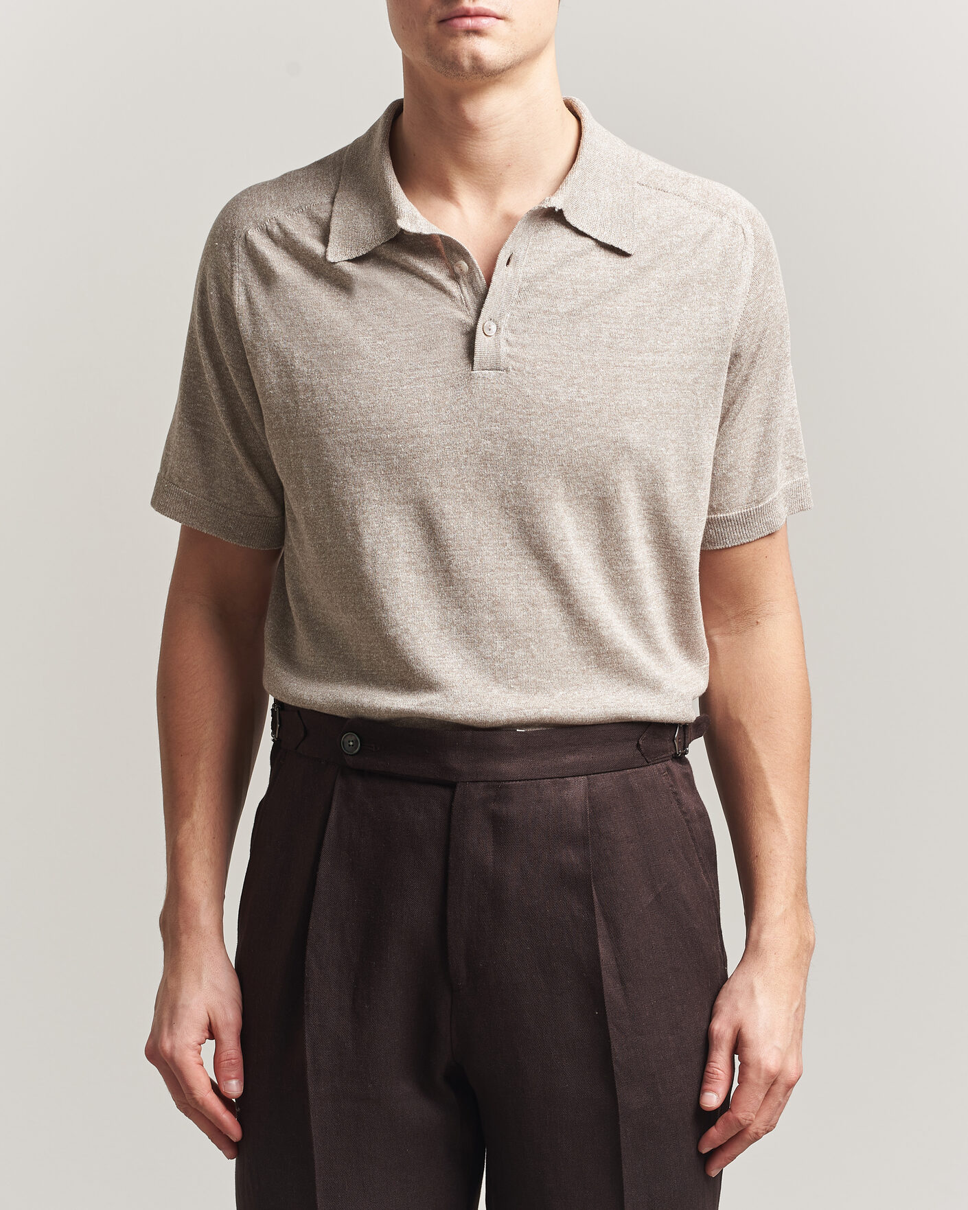 Homme | Polos | Eton | Cotton Linen Fine Knit Polo Beige