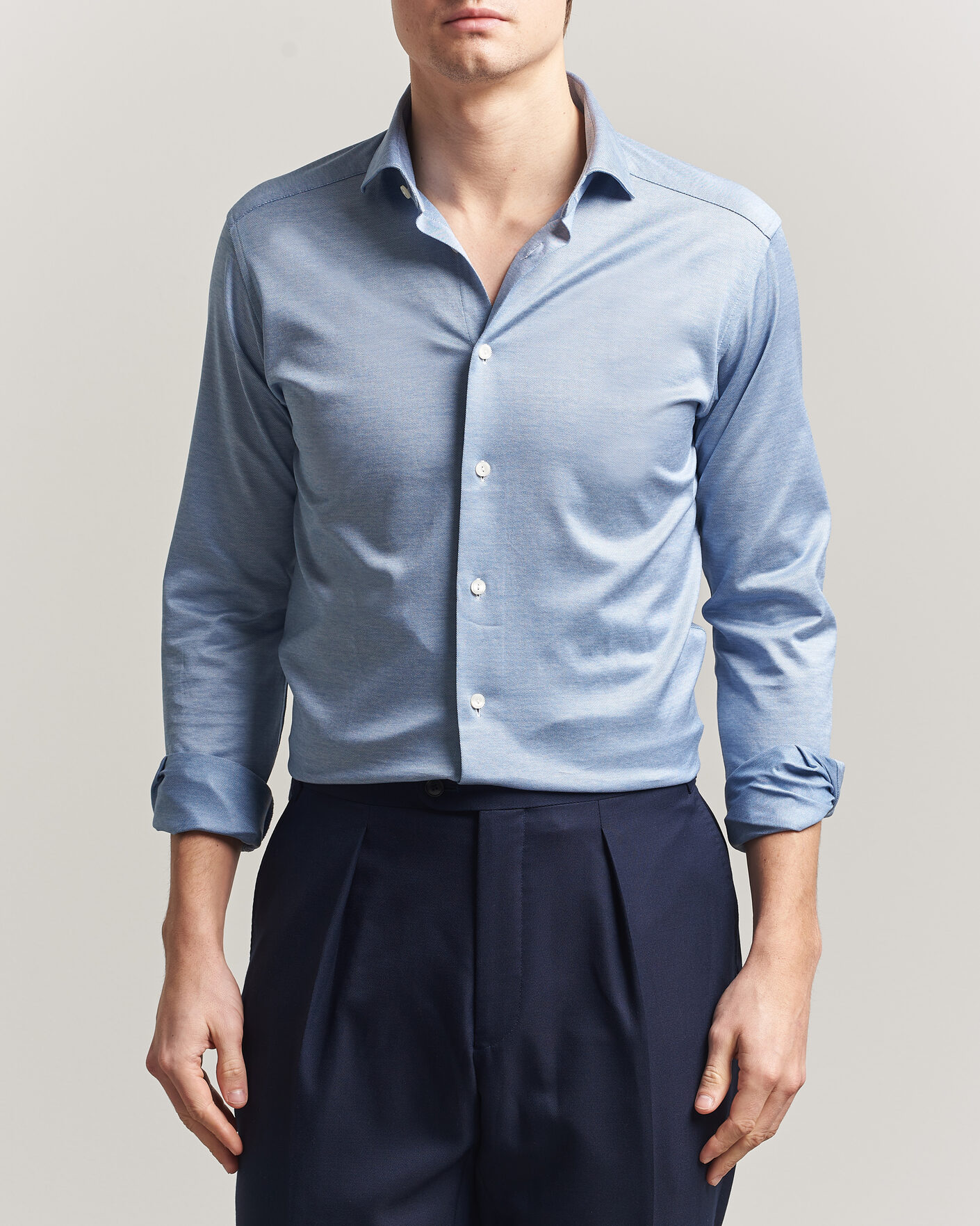 Homme | Chemises | Eton | Filo di Scozia Knitted Shirt Light Blue