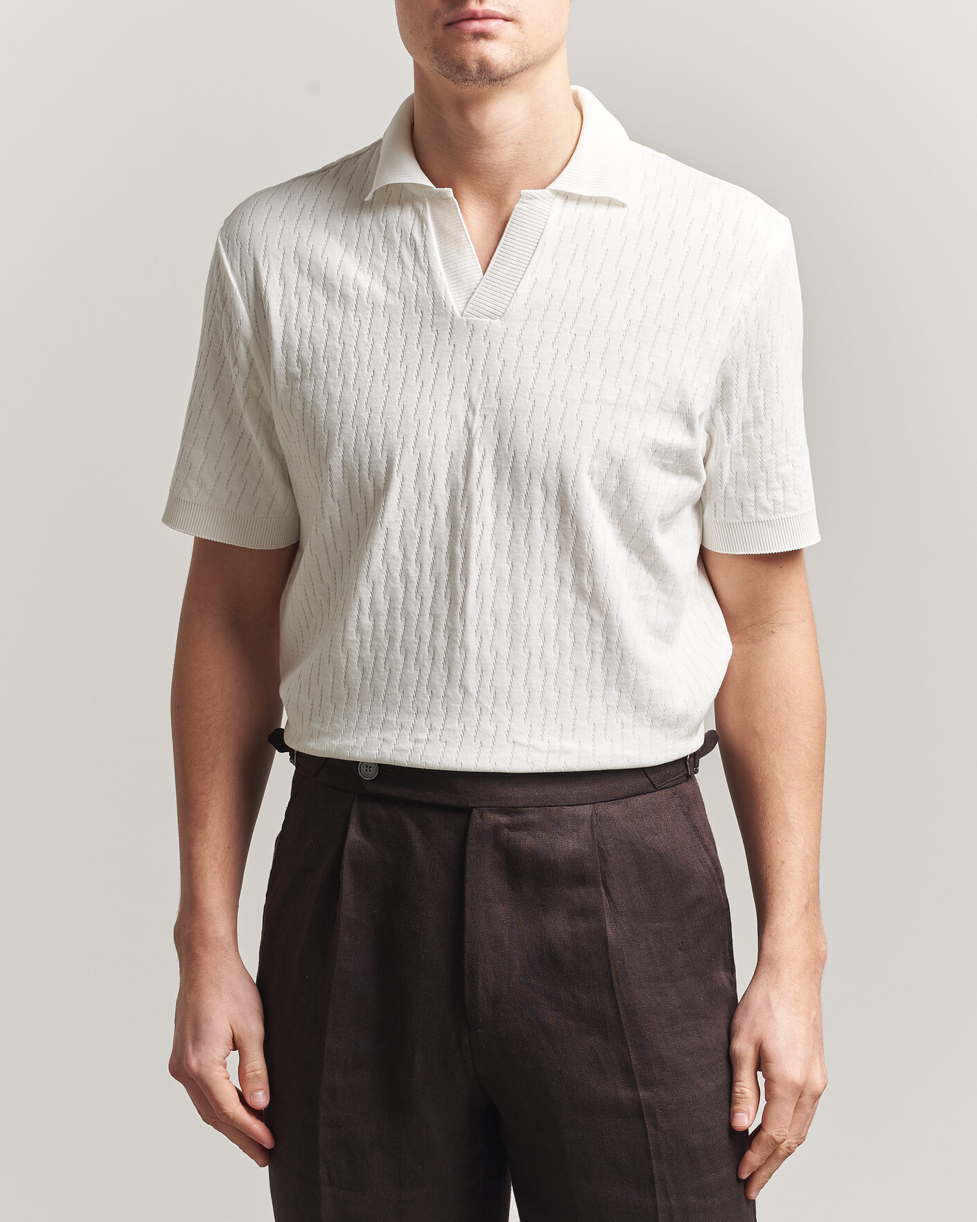 Homme | Polos | Eton | Open Collar Jacquard Polo Off White