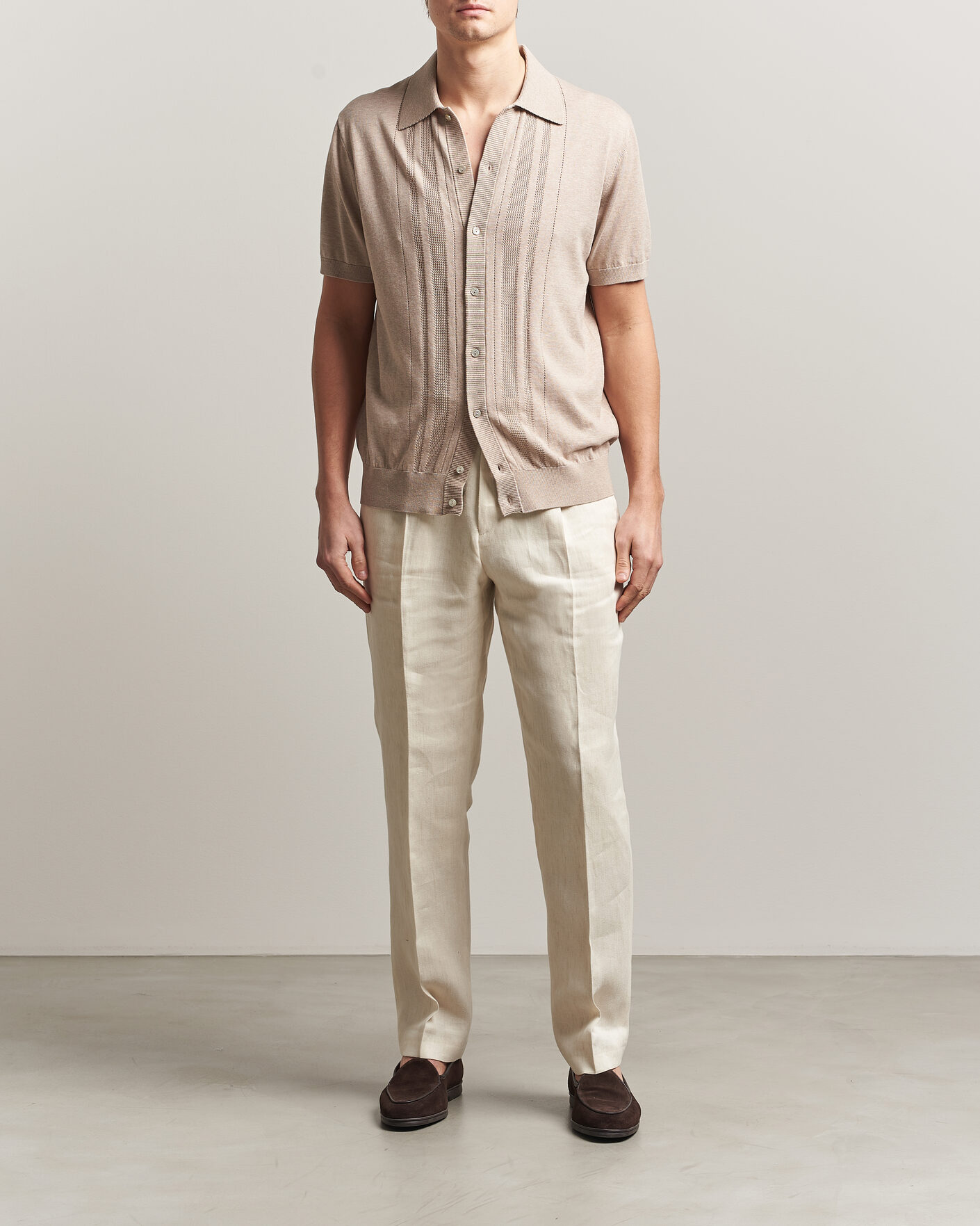 Homme | Chemises | Eton | Cotton Structured Knitted Short Sleeve Shirt Beige
