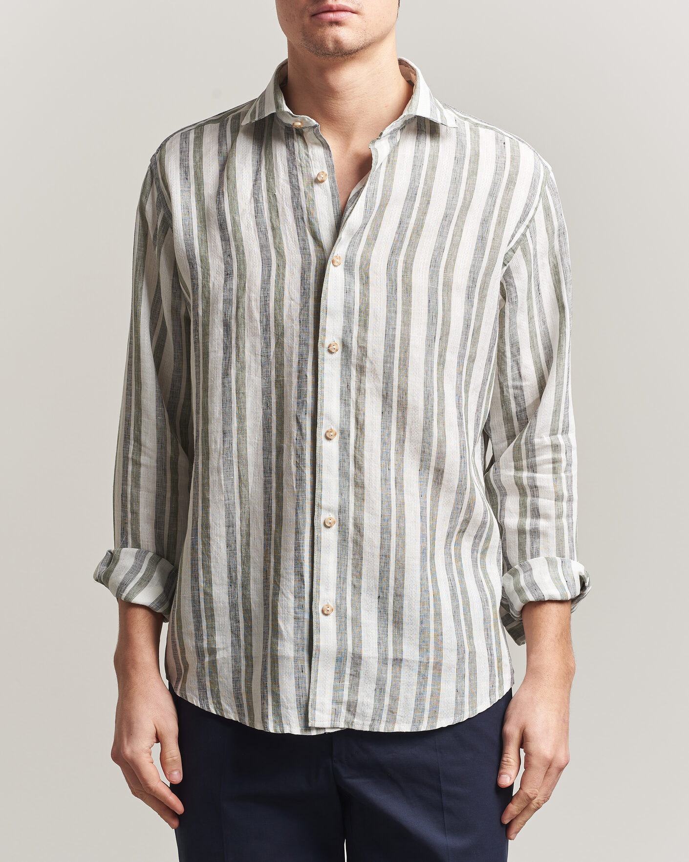 Homme | Chemises | Eton | Casual Fit Striped Linen Shirt Dark Green