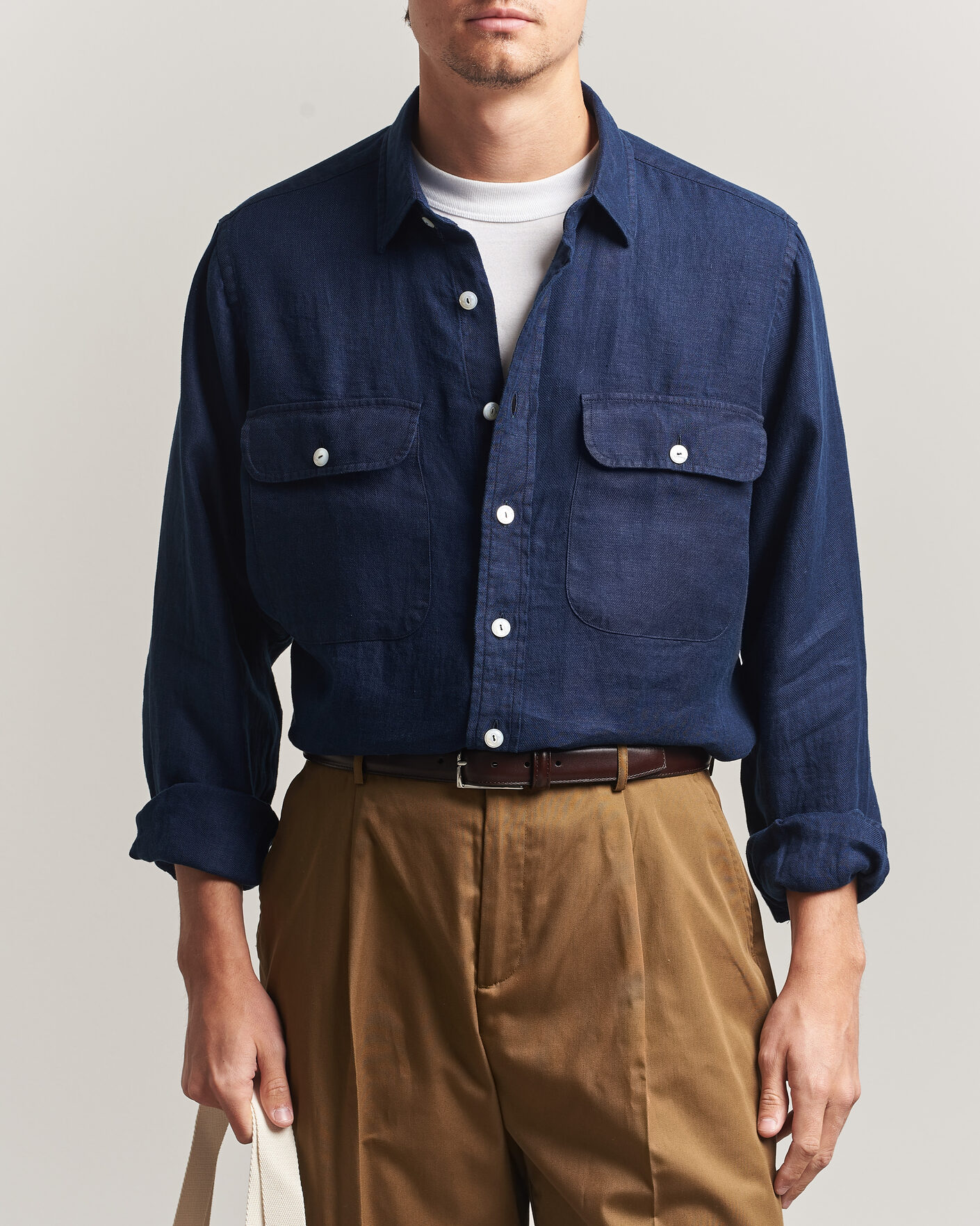Homme | Chemises | Drake's | Linen Twill Deep Pocket Work Shirt Navy