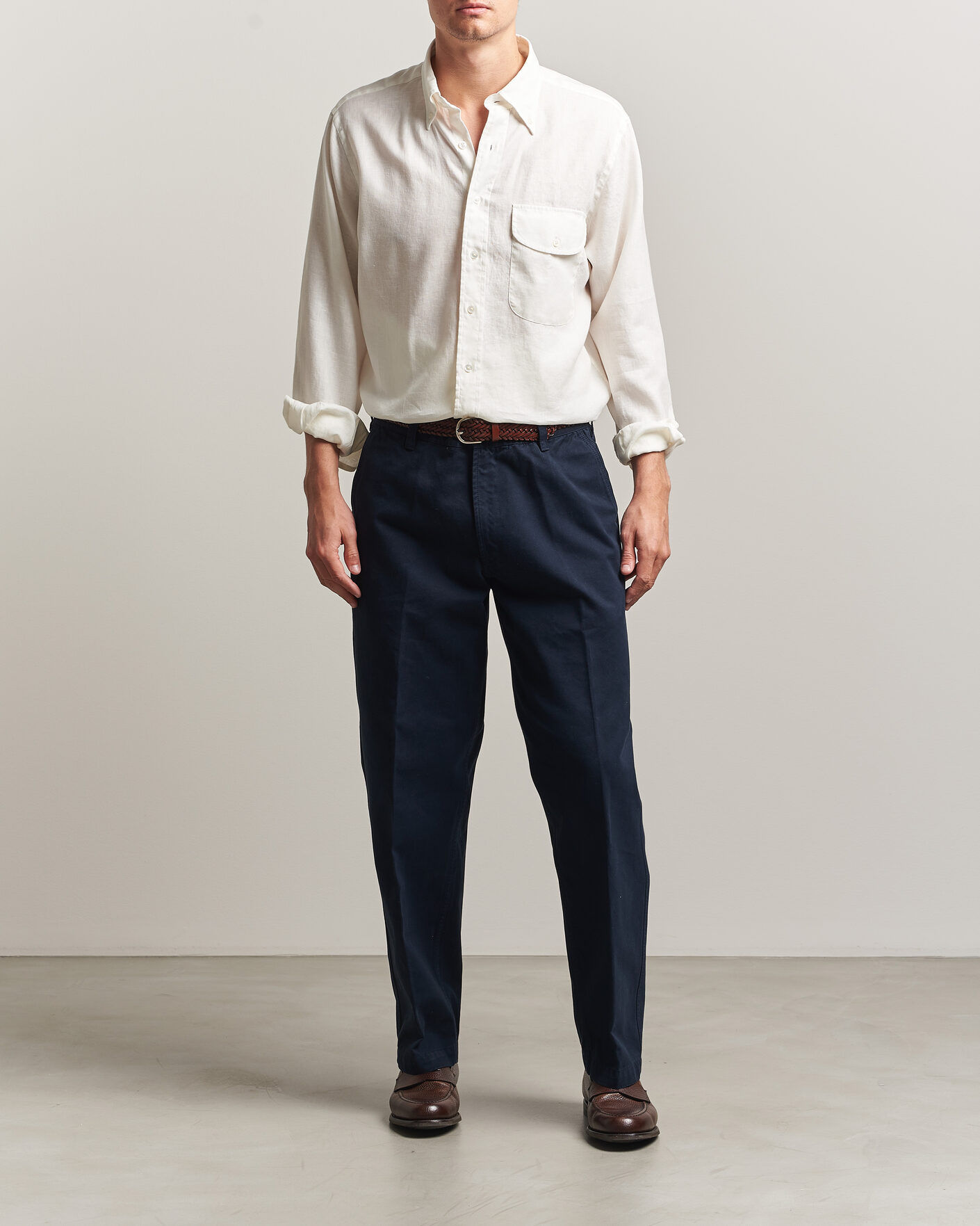 Homme | Chemises | Drake's | Linen Button Down Curved Pocket Shirt White