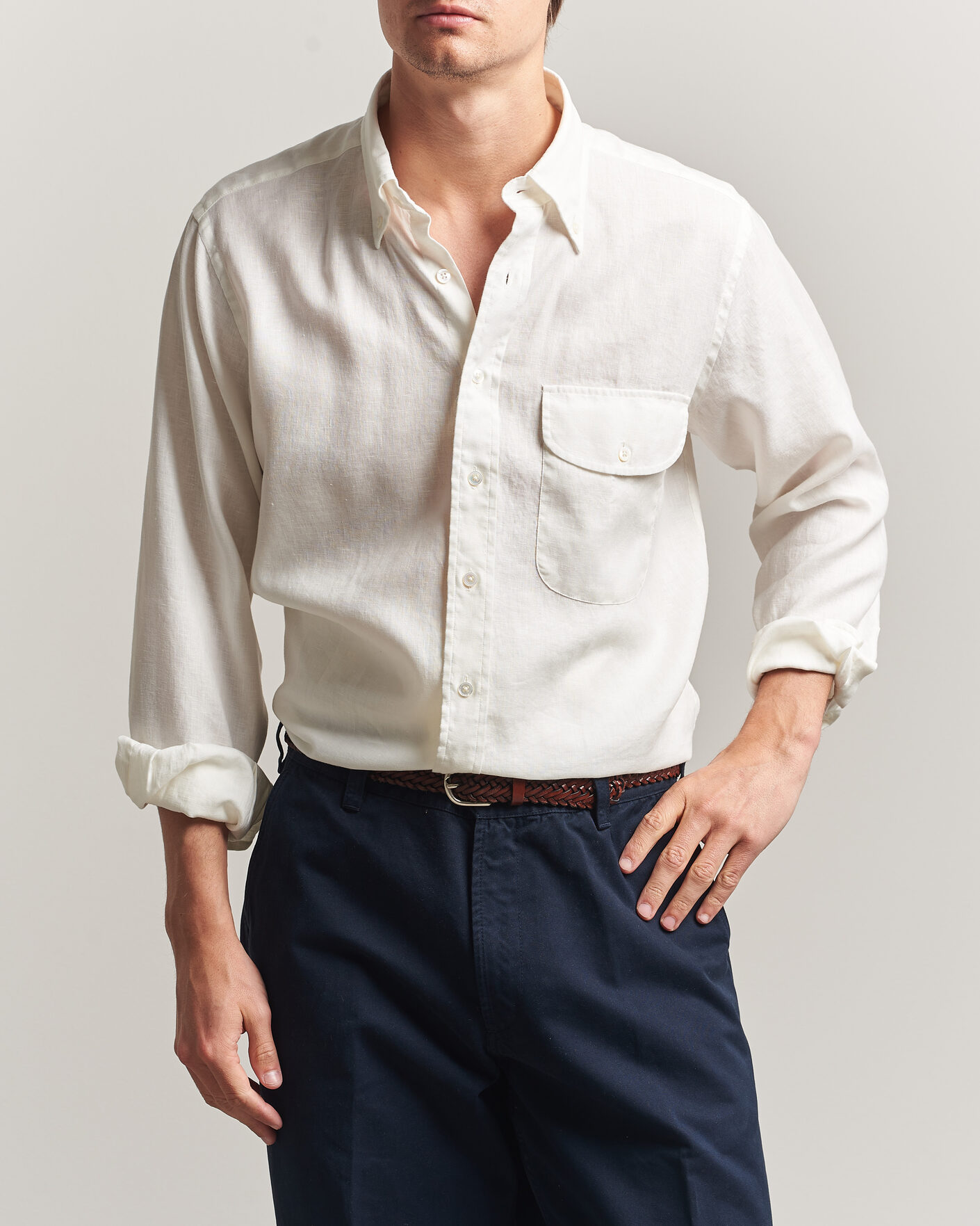 Homme | Chemises | Drake's | Linen Button Down Curved Pocket Shirt White
