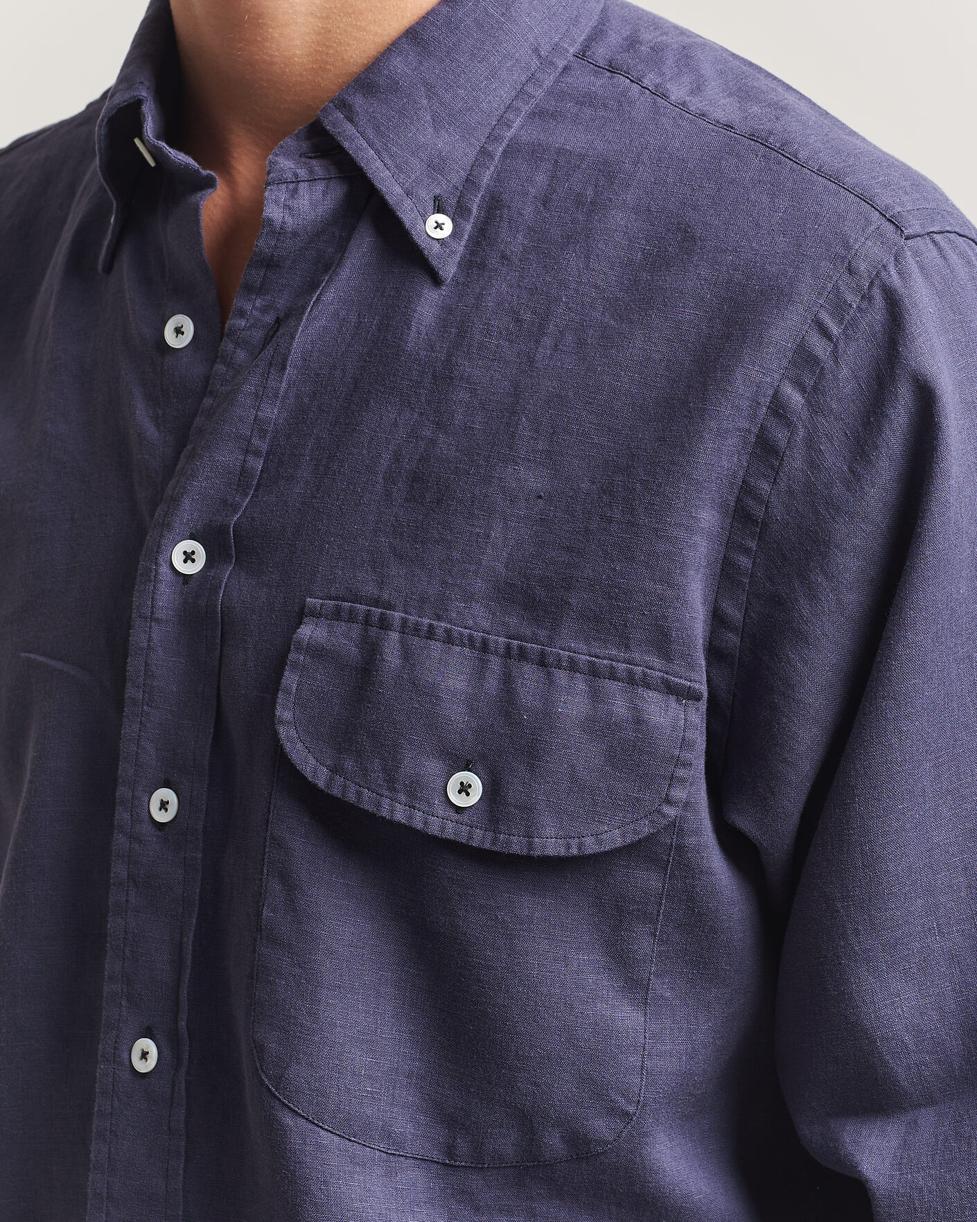 Homme | Chemises | Drake's | Linen Button Down Curved Pocket Shirt Navy