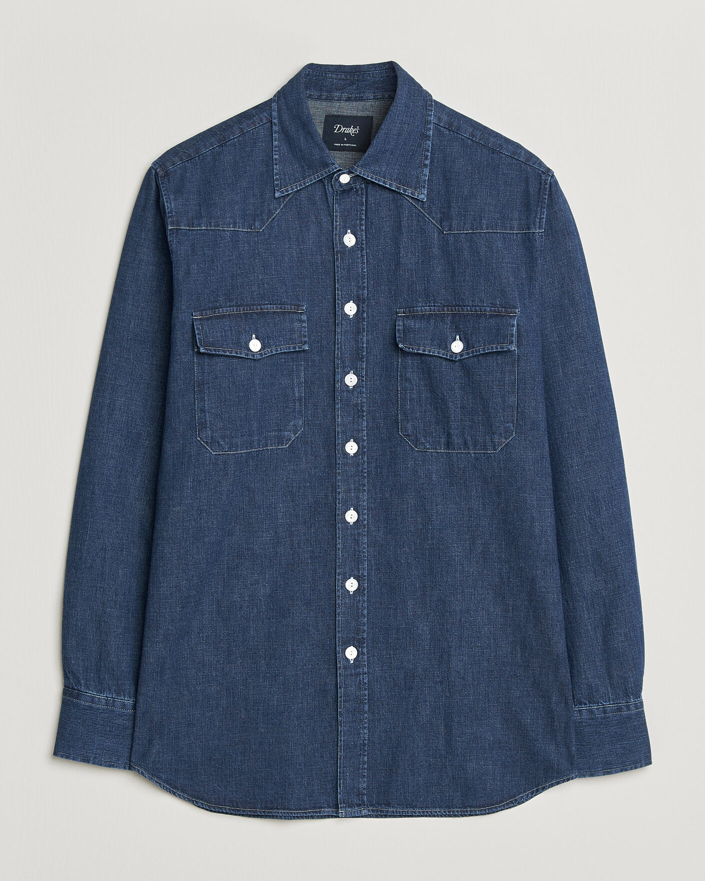 Homme | Chemises | Drake's | Light Denim Western Shirt Stone Wash