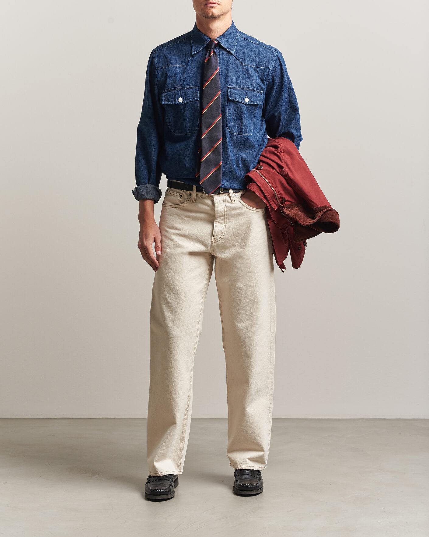Homme | Chemises | Drake's | Light Denim Western Shirt Stone Wash