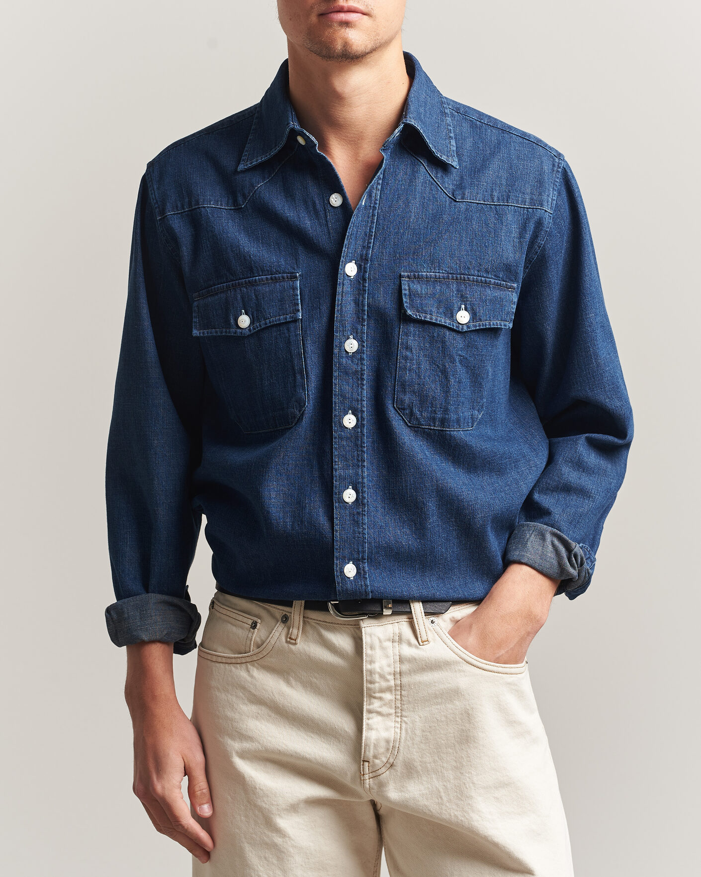 Homme | Chemises | Drake's | Light Denim Western Shirt Stone Wash