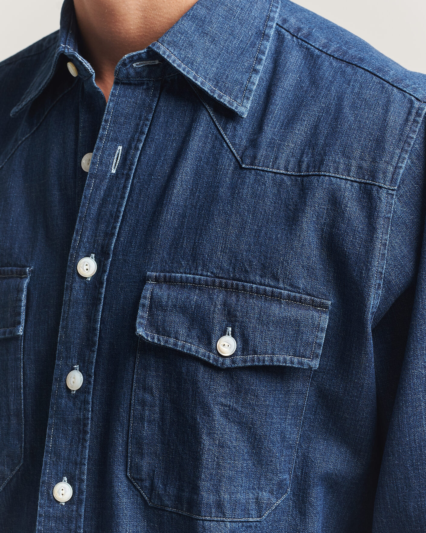 Homme | Chemises | Drake's | Light Denim Western Shirt Stone Wash