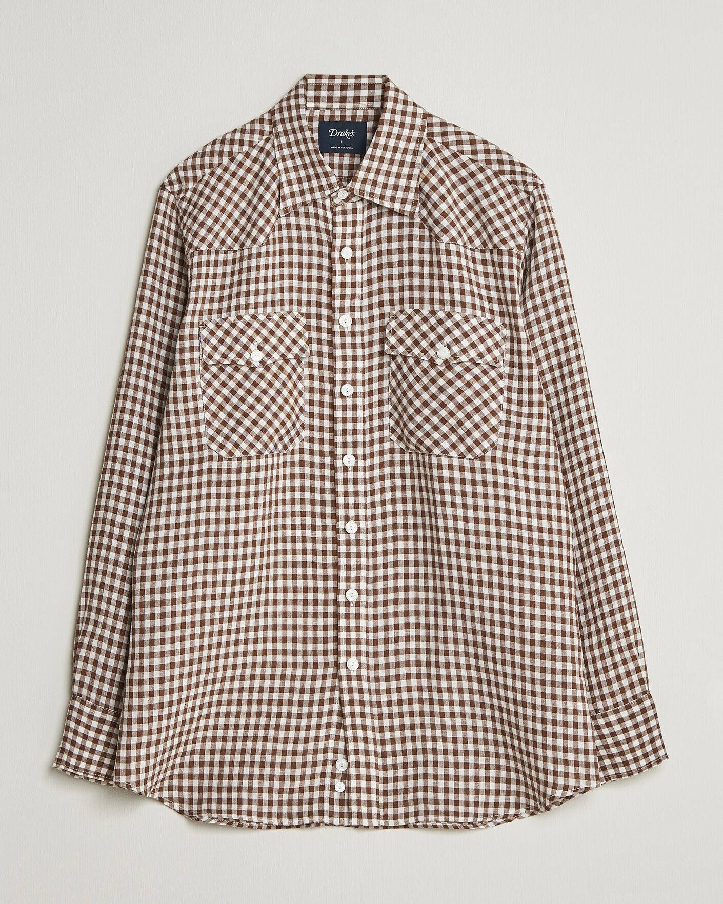 Homme | Chemises | Drake's | Linen Gingham Western Shirt Brown/White