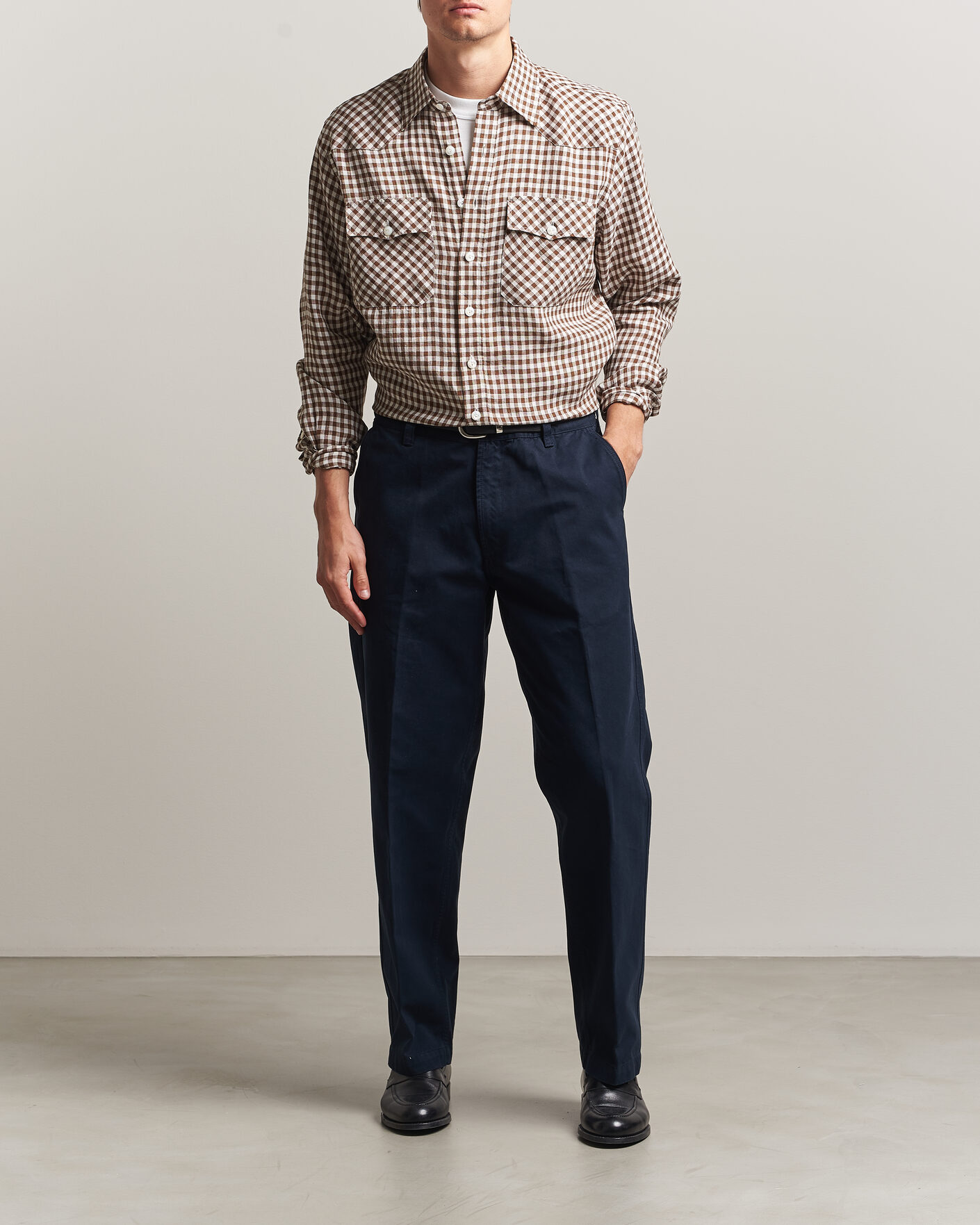 Homme | Chemises | Drake's | Linen Gingham Western Shirt Brown/White