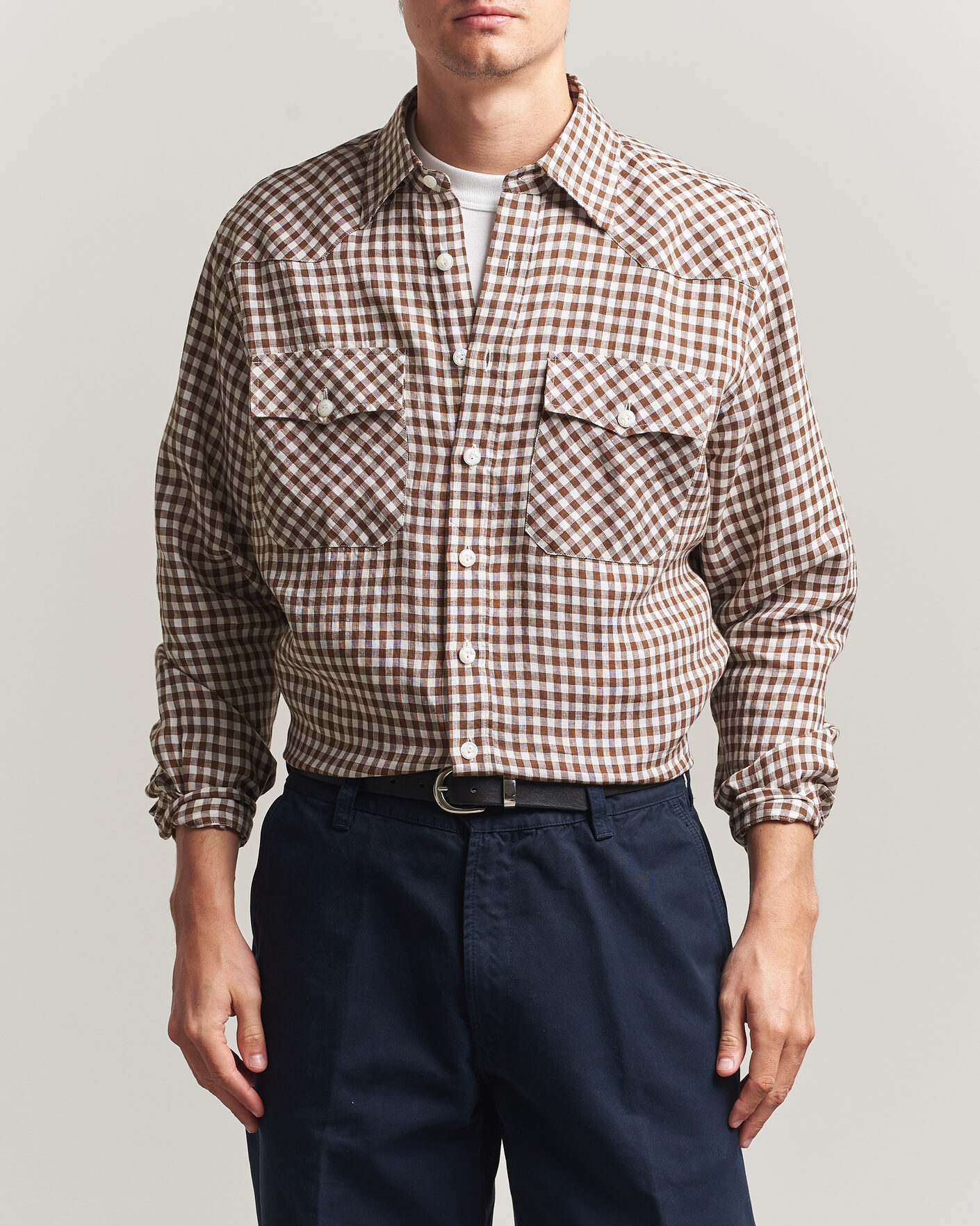 Homme | Chemises | Drake's | Linen Gingham Western Shirt Brown/White