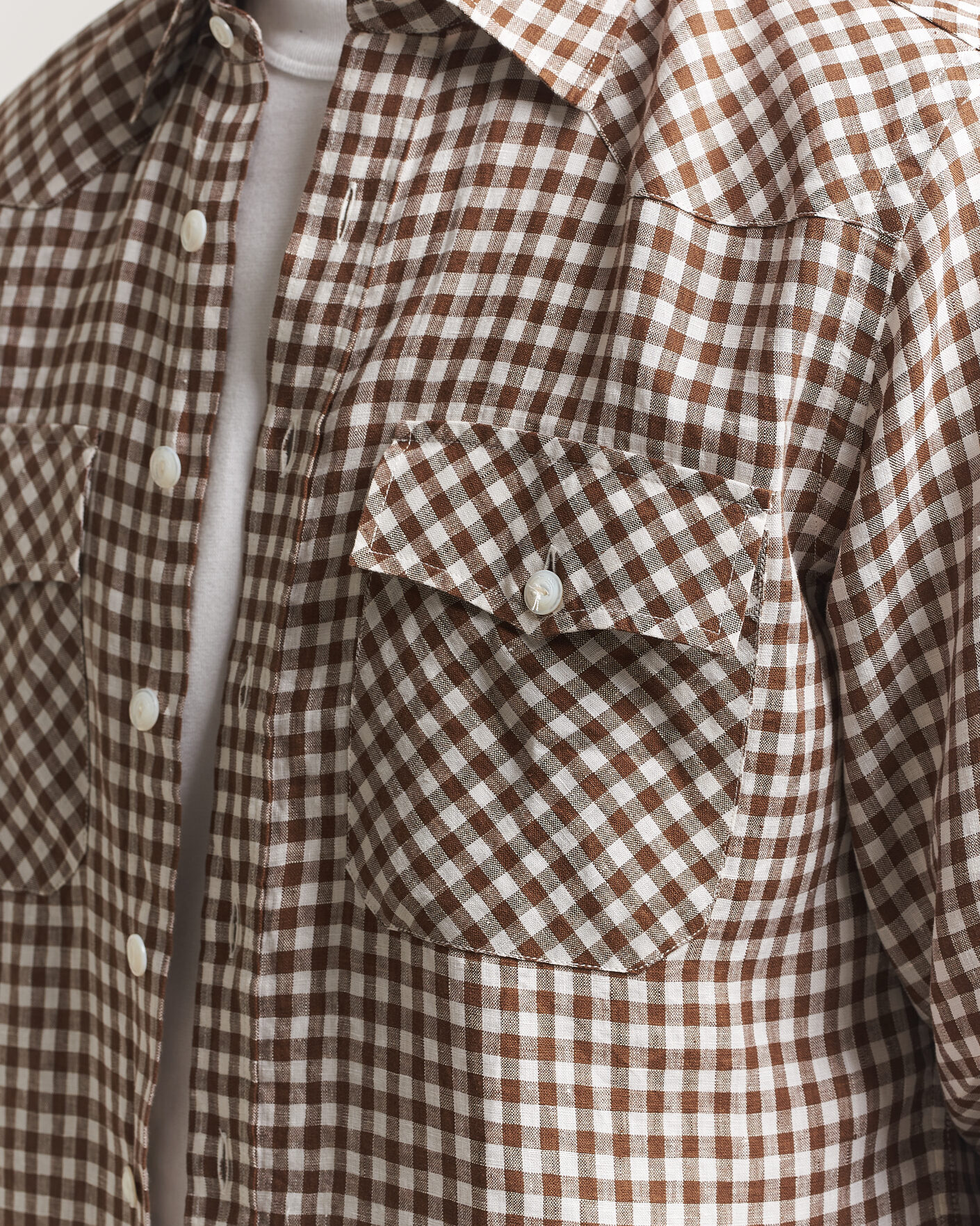 Homme | Chemises | Drake's | Linen Gingham Western Shirt Brown/White