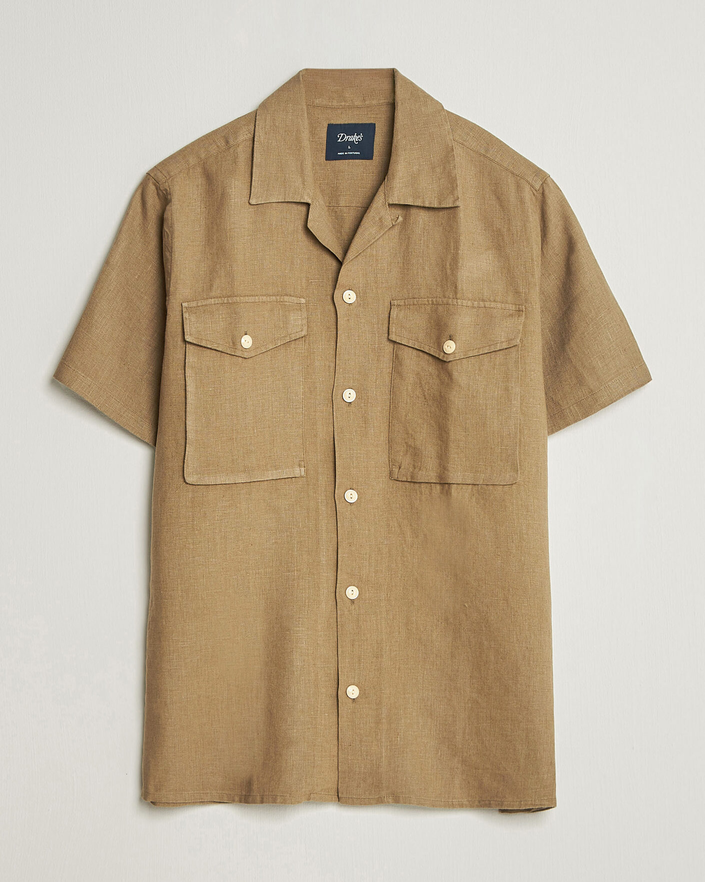 Homme | Chemises | Drake's | Military Short Sleeve Camp Collar Shirt Khaki