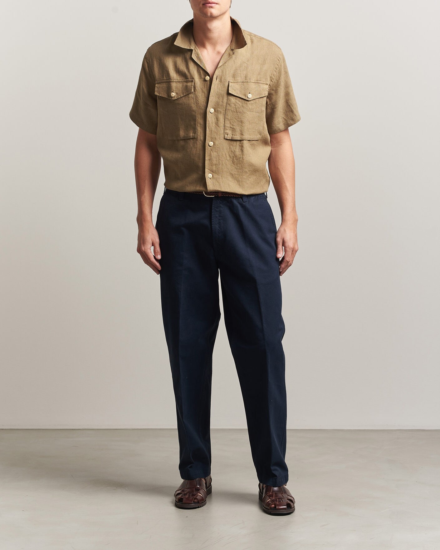 Homme | Chemises | Drake's | Military Short Sleeve Camp Collar Shirt Khaki