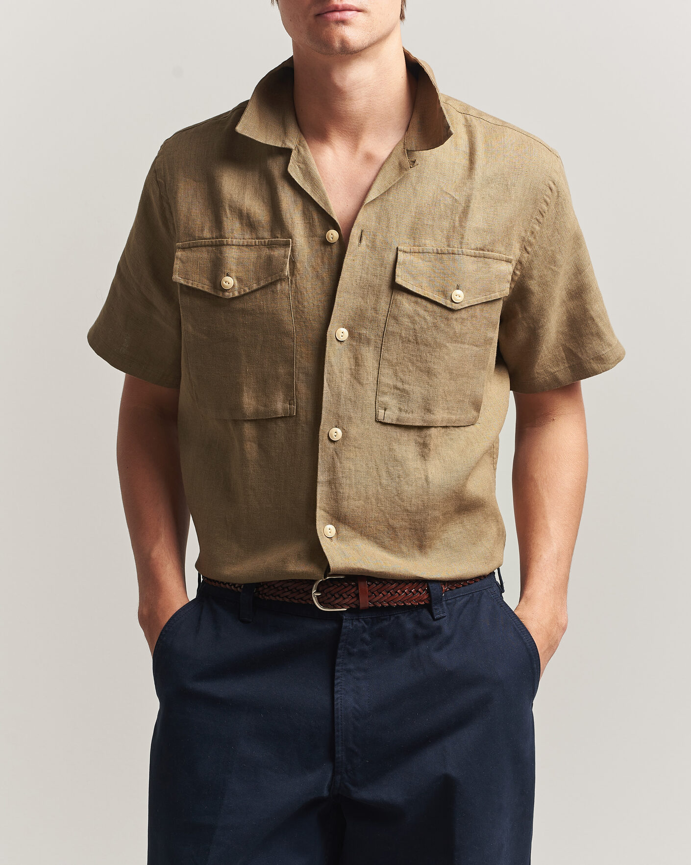 Homme | Chemises | Drake's | Military Short Sleeve Camp Collar Shirt Khaki
